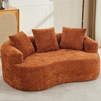 61" Curved Loveseat Sofa with 3 Pillows, Small Boneless Couch in a Box, Chenille Cloud Loveseat for Living Room Bedroom Small Space Apartment, Memory Foam, Modern, No Assembly Orange