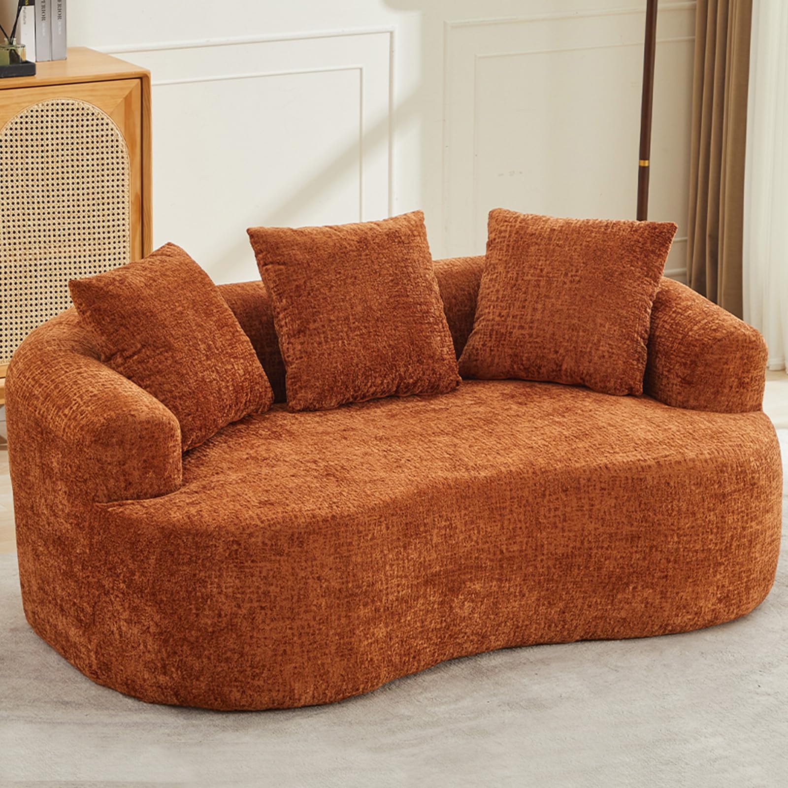 61" Curved Loveseat Sofa with 3 Pillows, Small Boneless Couch in a Box, Chenille Cloud Loveseat for Living Room Bedroom Small Space Apartment, Memory