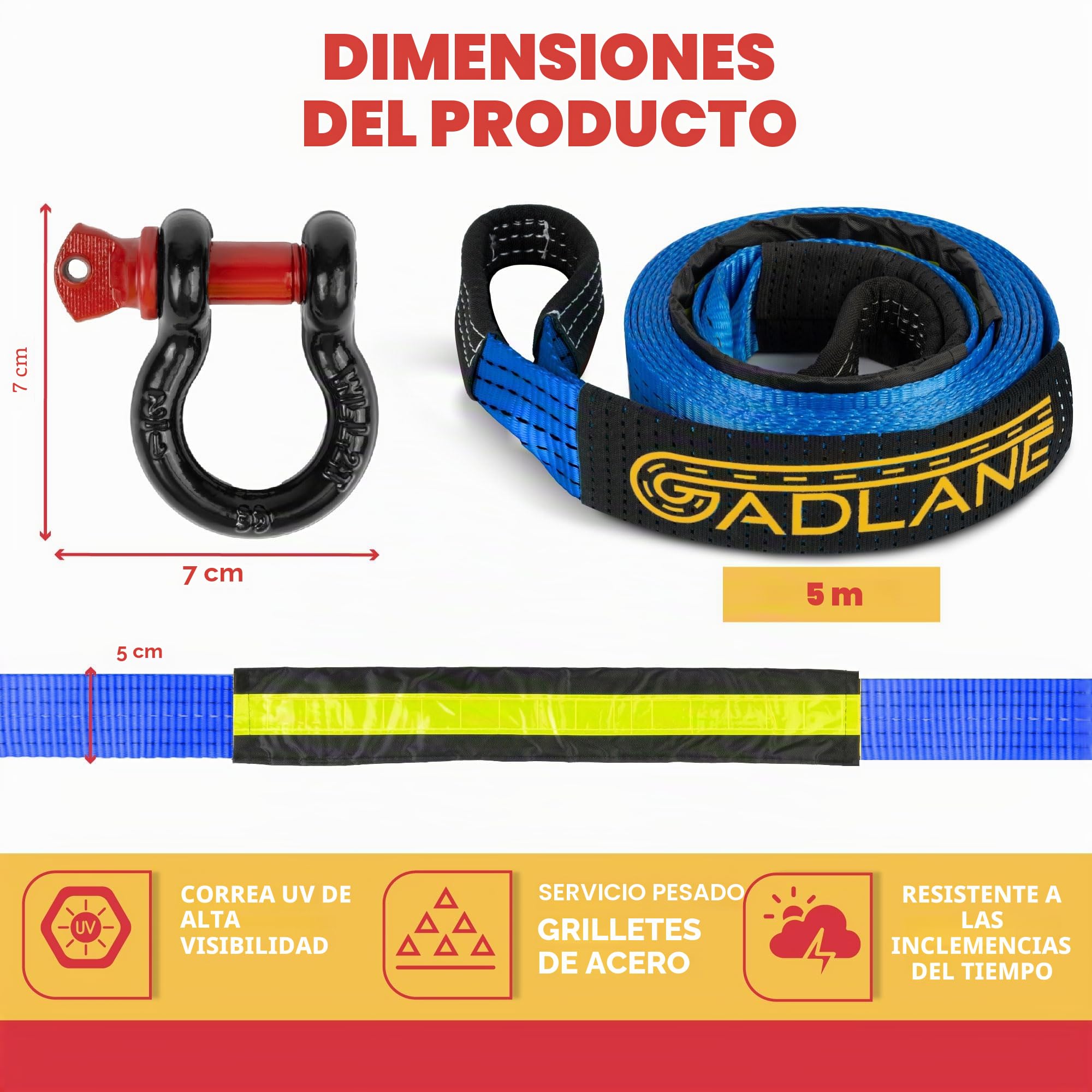 GADLANE Cuerda de remolque de alta visibilidad, 5 m x 5 cm de grosor, capacidad de 10 toneladas (22,000 libras), poliéster resistente al desgaste con extremos reforzados, correa de remolque con
