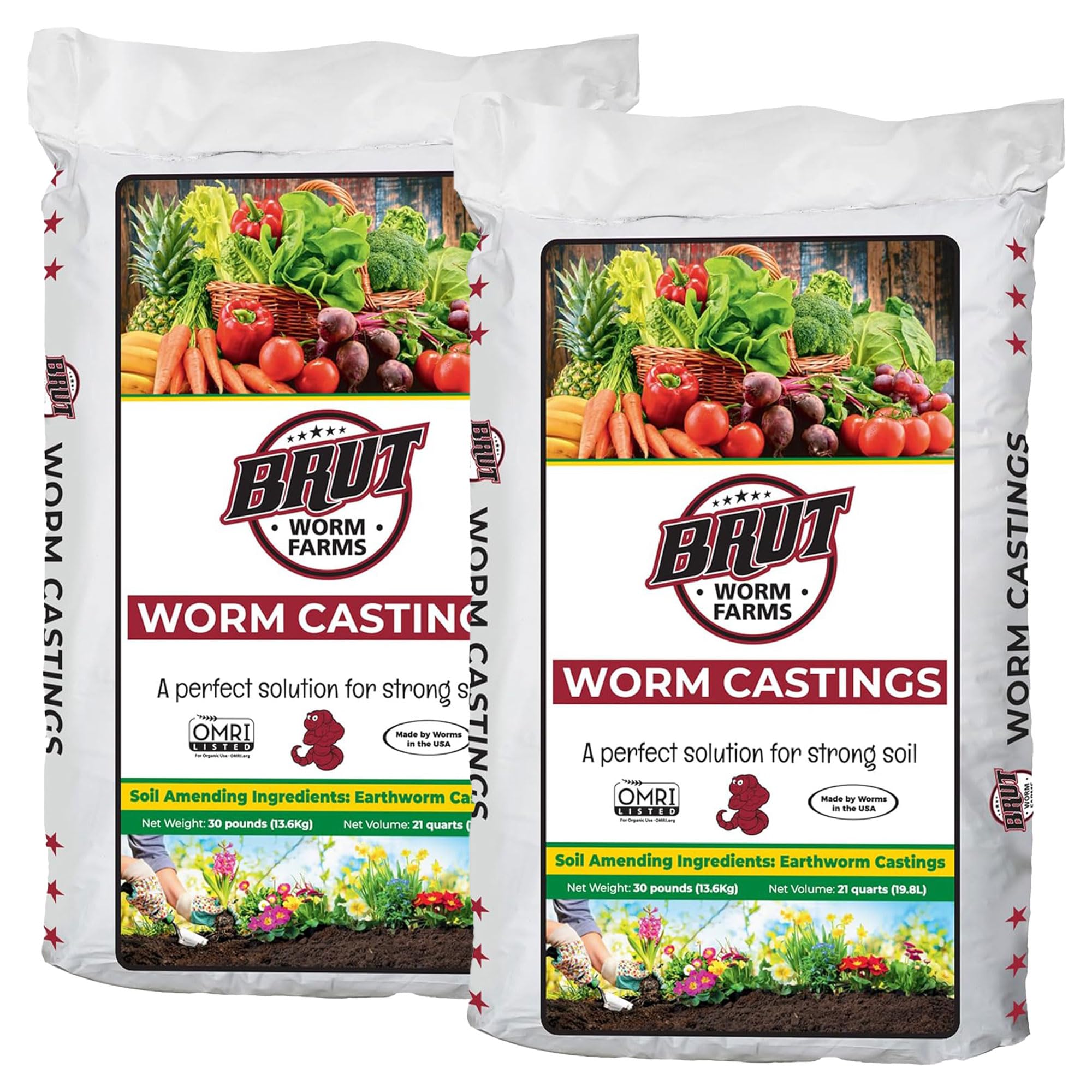 Brut Worm Farms All Organic Fertilizer Worm Castings Filled with Nutrients and Minerals for a Variety of Indoor and Outdoor Plants, 30 Pounds, 2 Pack