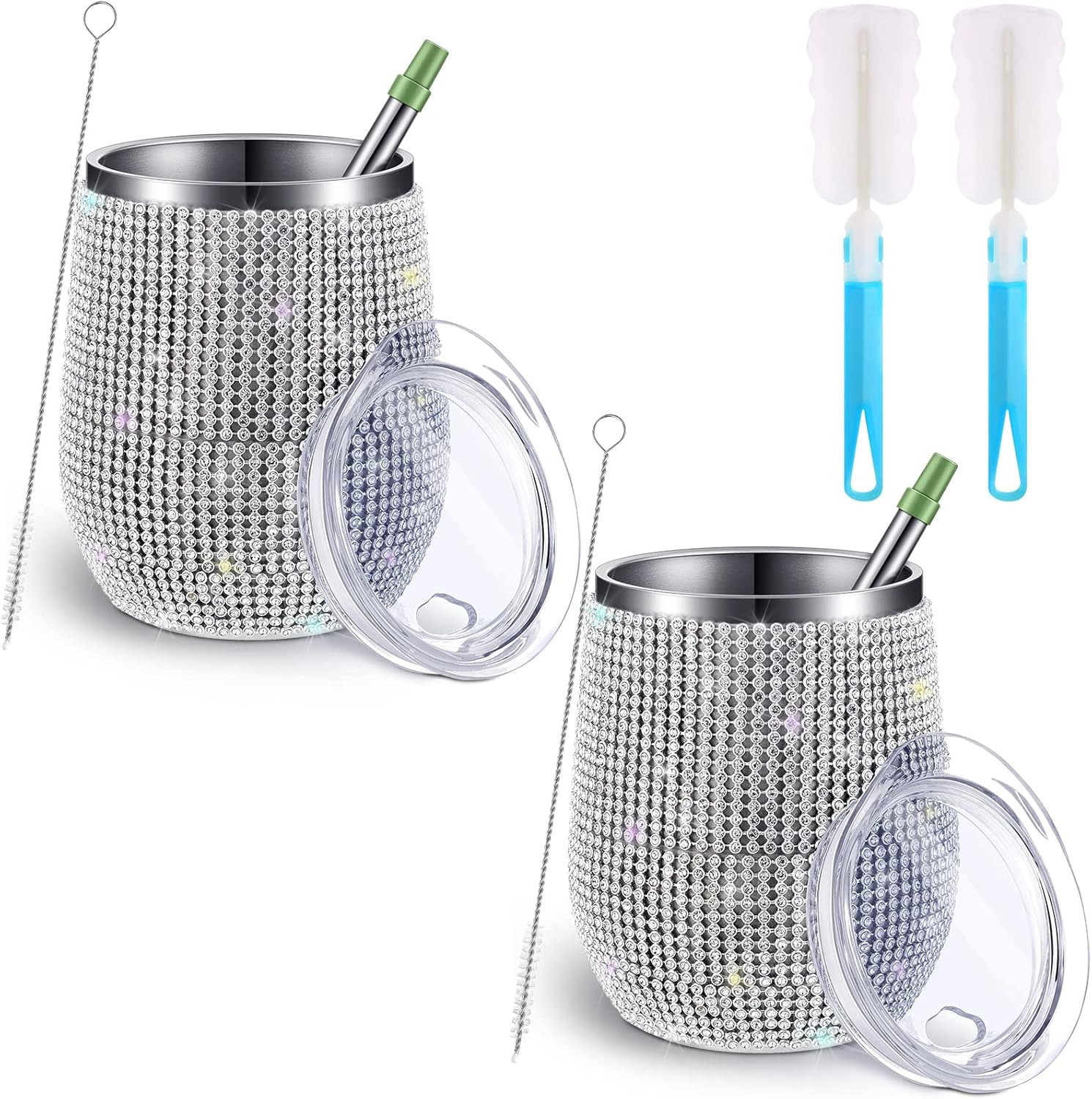 Bling Water Bottle Wine Tumbler Diamond Rhinestone for Glitter Wine Glass Tumbler Trip Cups, Straw, Brush for Coffee Cocktails Champagne(Silver,2 Sets)