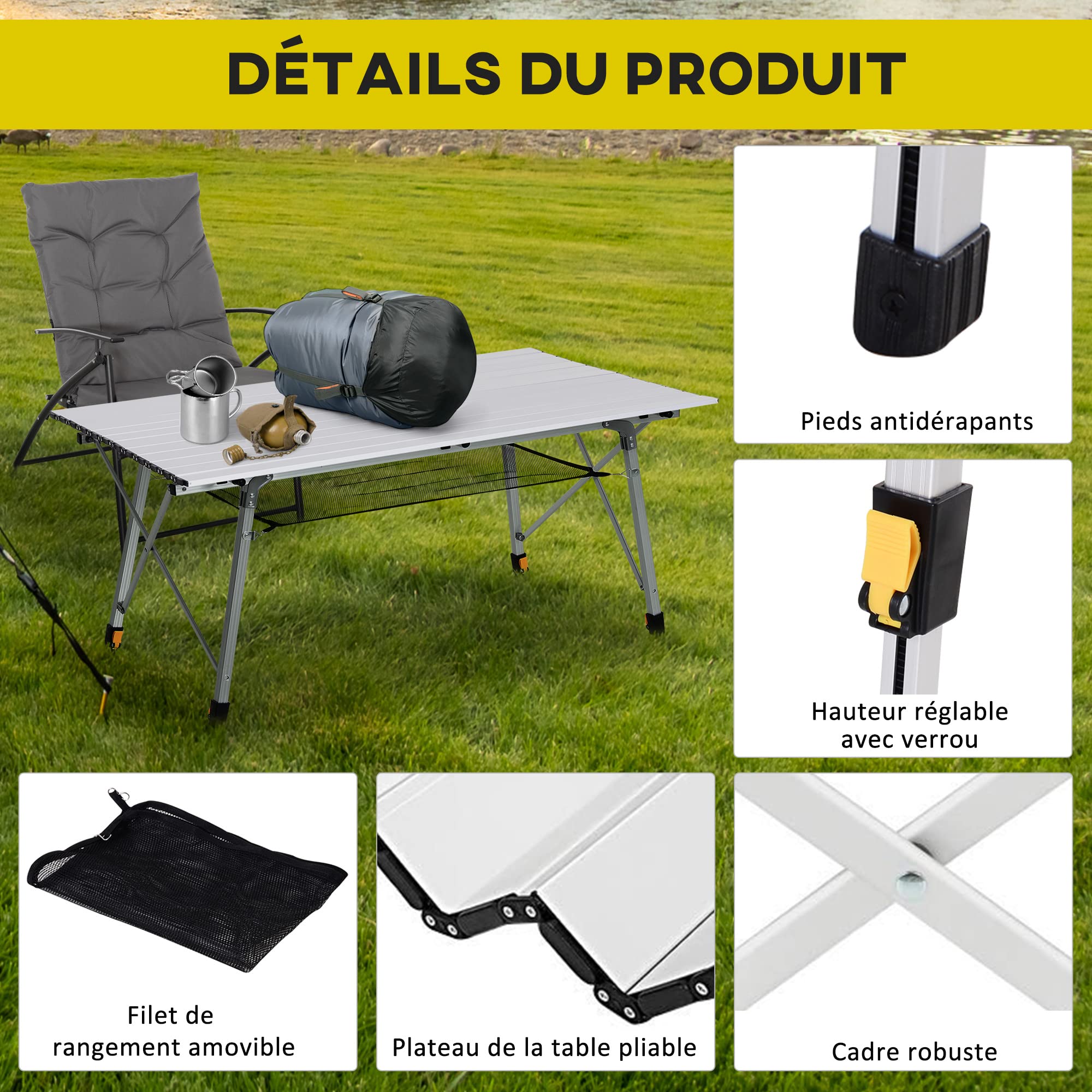 Outsunny Table Pliante Exterieur en Aluminium 6 Personnes Hauteur réglable | Table de camping Avec sac de transport, pour jardin