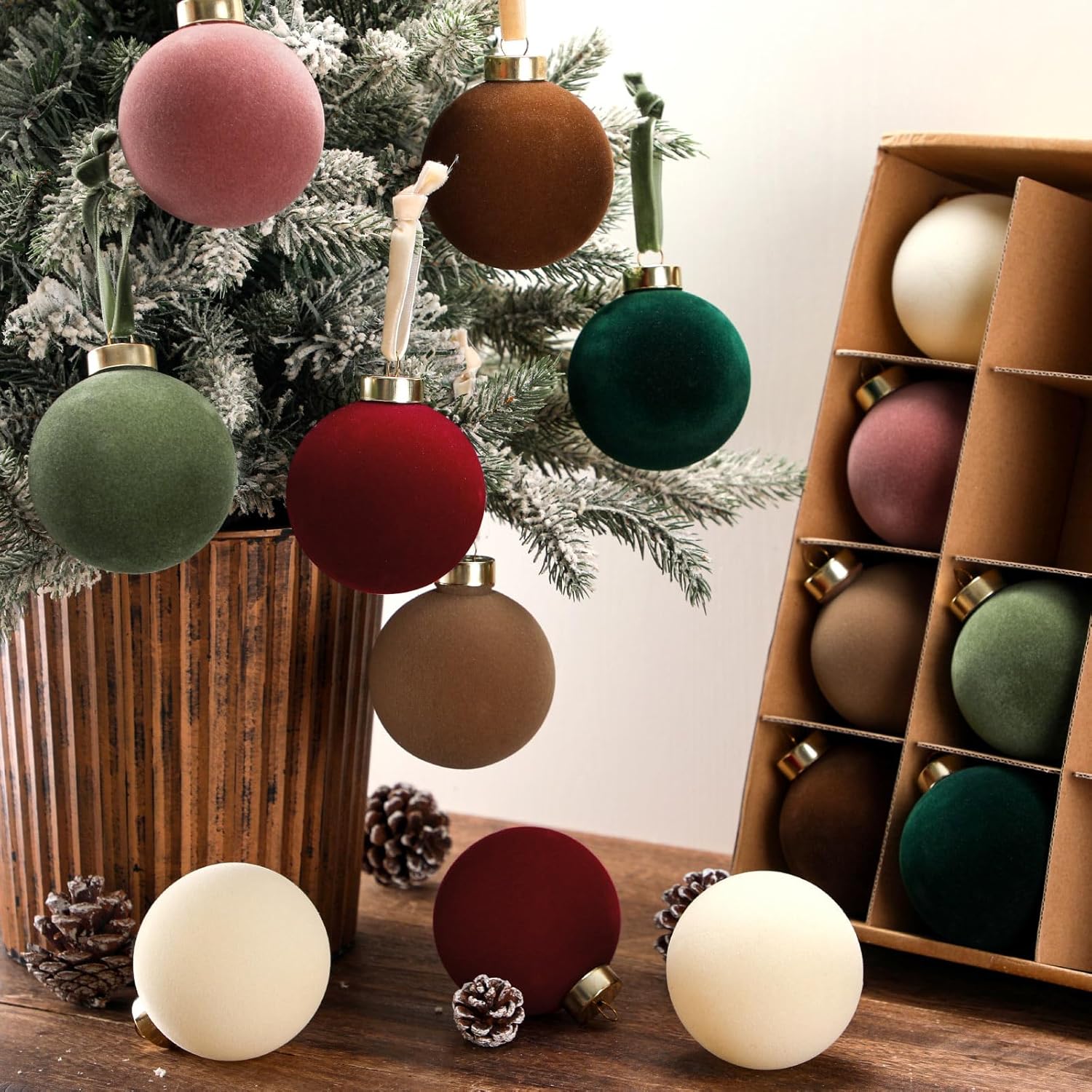 15 Pcs Velvet Christmas Ball Ornaments 3.15 Inch Flocked Christmas Tree Decorations with 10 Yards Velvet Ribbon Red Green Brown Pink Cream Shatterproof Xmas Baubles for Tree Holiday Decor