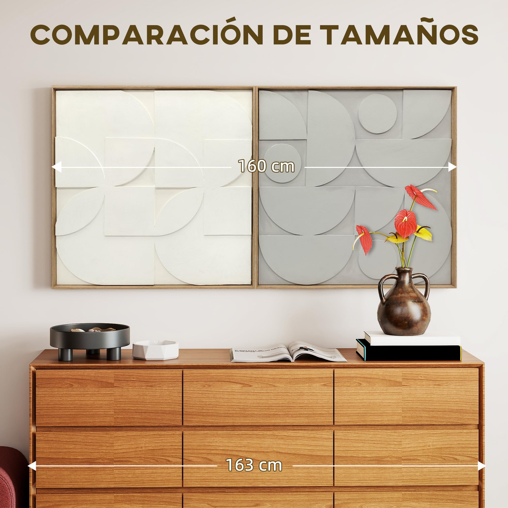 HOMCOM Decoración de Pared de Madera 3D, Juego de 2 Piezas, Adornos de Pared 80 cm con Patrones Geométricos Huecos, Decoración Moderna para Salón, Dormitorio, Pasillo, Blanco