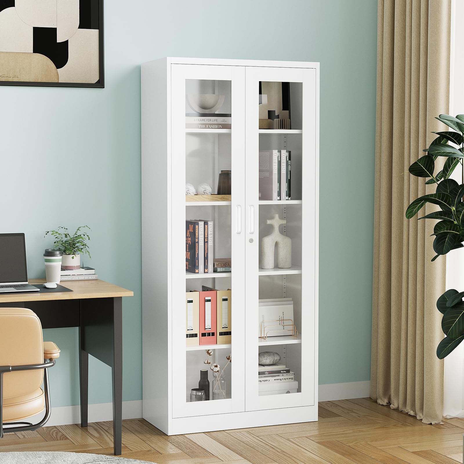 PEUKC Display Cabinet with Glass Doors, 71IN Curio Cabinets with 4 Adjustable Shelves, Locking Glass Cabinet Display Case for Home, Office, Clinic, Pantry (White)