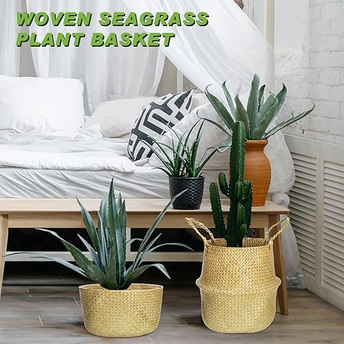 Miniatura 5 de Ziliny 2 cestas tejidas de gran tamaño de hierba marina de 18 pulgadas, cesta bohemia tejida con asas para almacenamiento, lavandería, picnic,