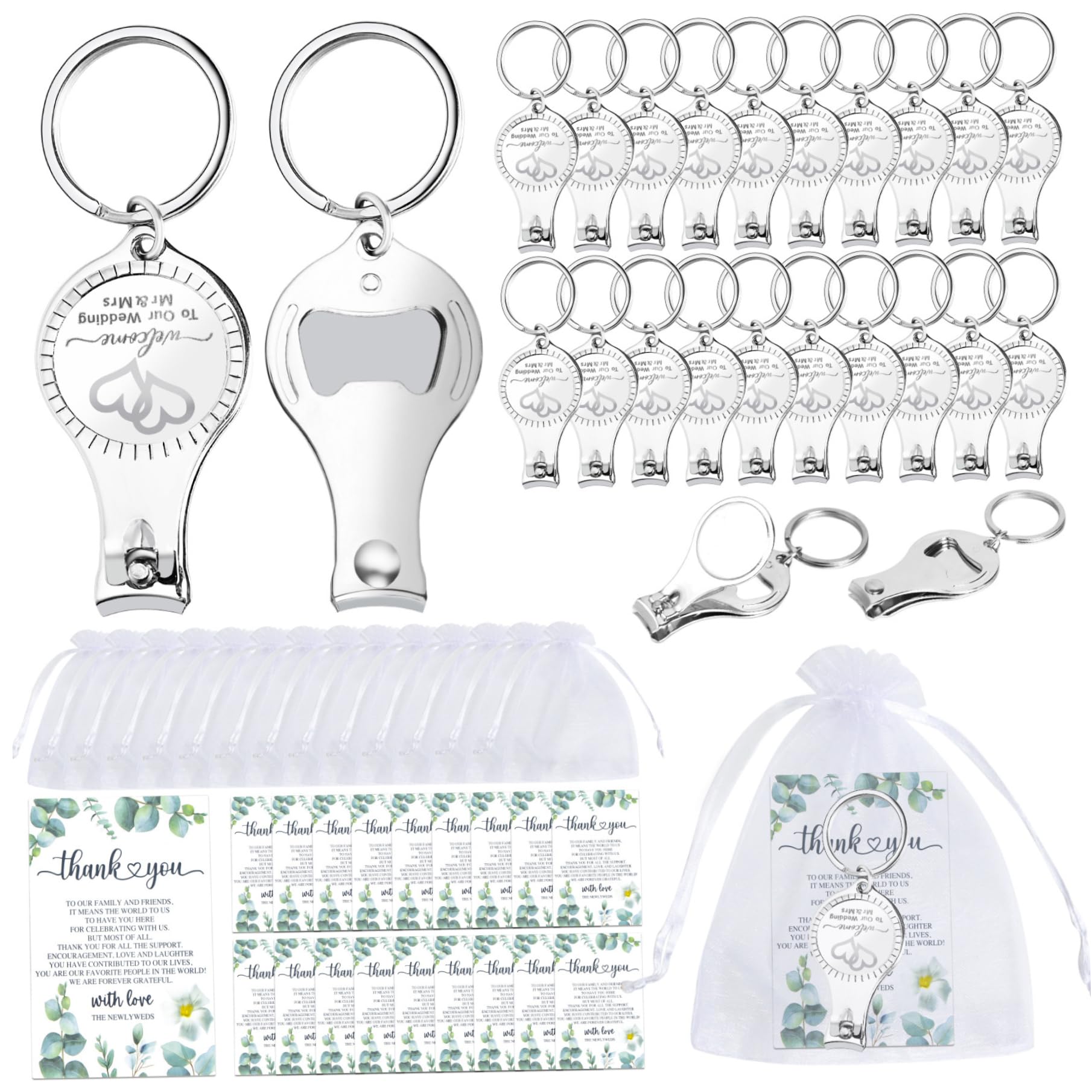 Hochzeitsgeschenke für Gäste, 50 Stück – Herz-Schlüsselanhänger mit Flaschenöffner und Nagelknipser, inklusive Dankeskarten, Organzabeutel