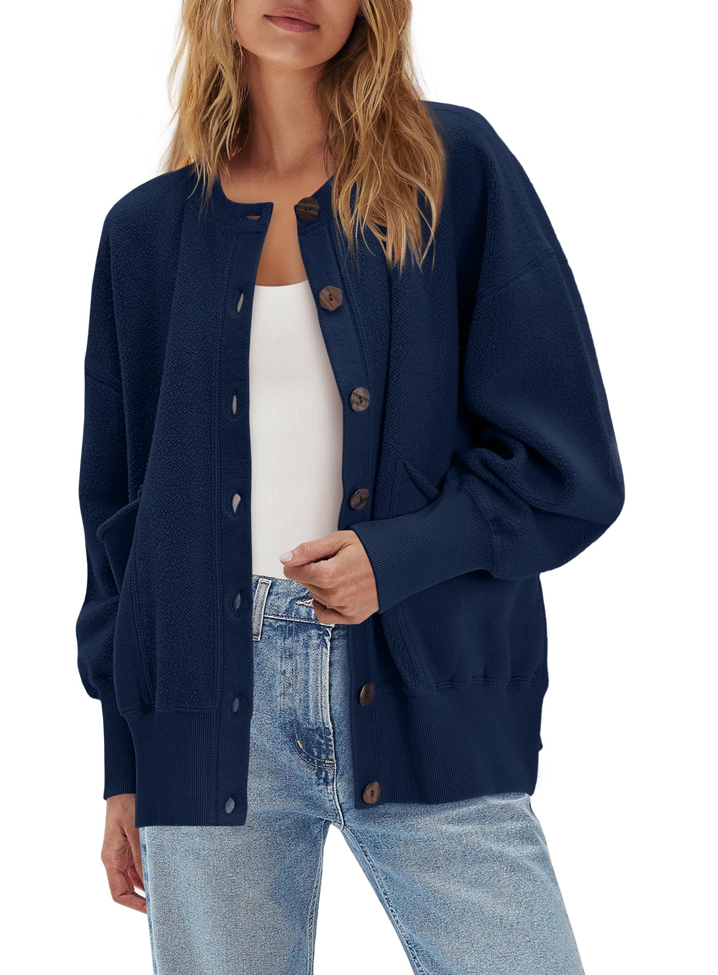 ReachMe Womens Fall Oversized Sweatshirt Cardigan Button up Lightweight Cardigan Long Sleeve Open front Jacket with Pockets