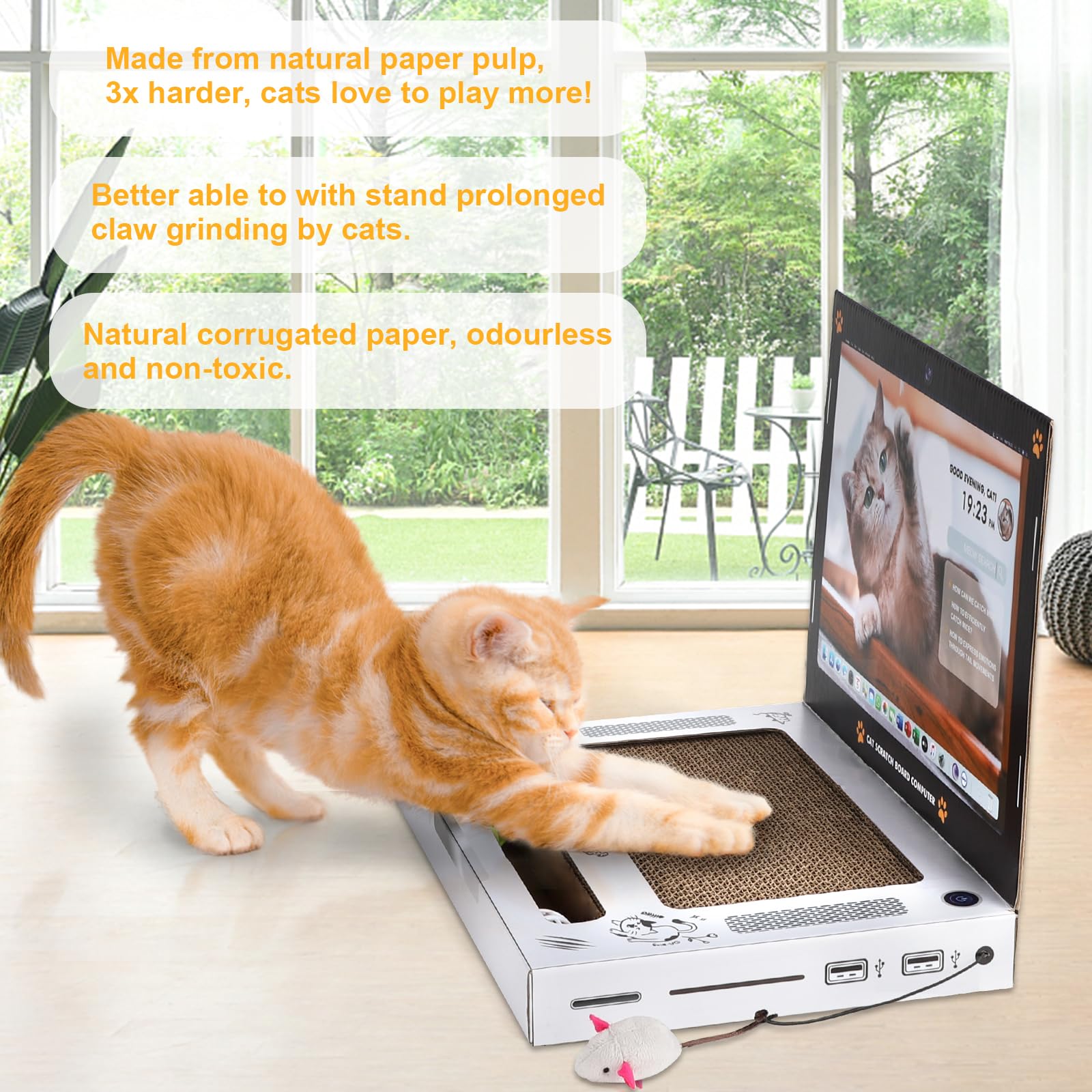 YOUXIFUN Cat Scratcher Laptop Toy - 3-in-1 Cardboard Scratcher With Mouse Ball & Stickers For Kittens