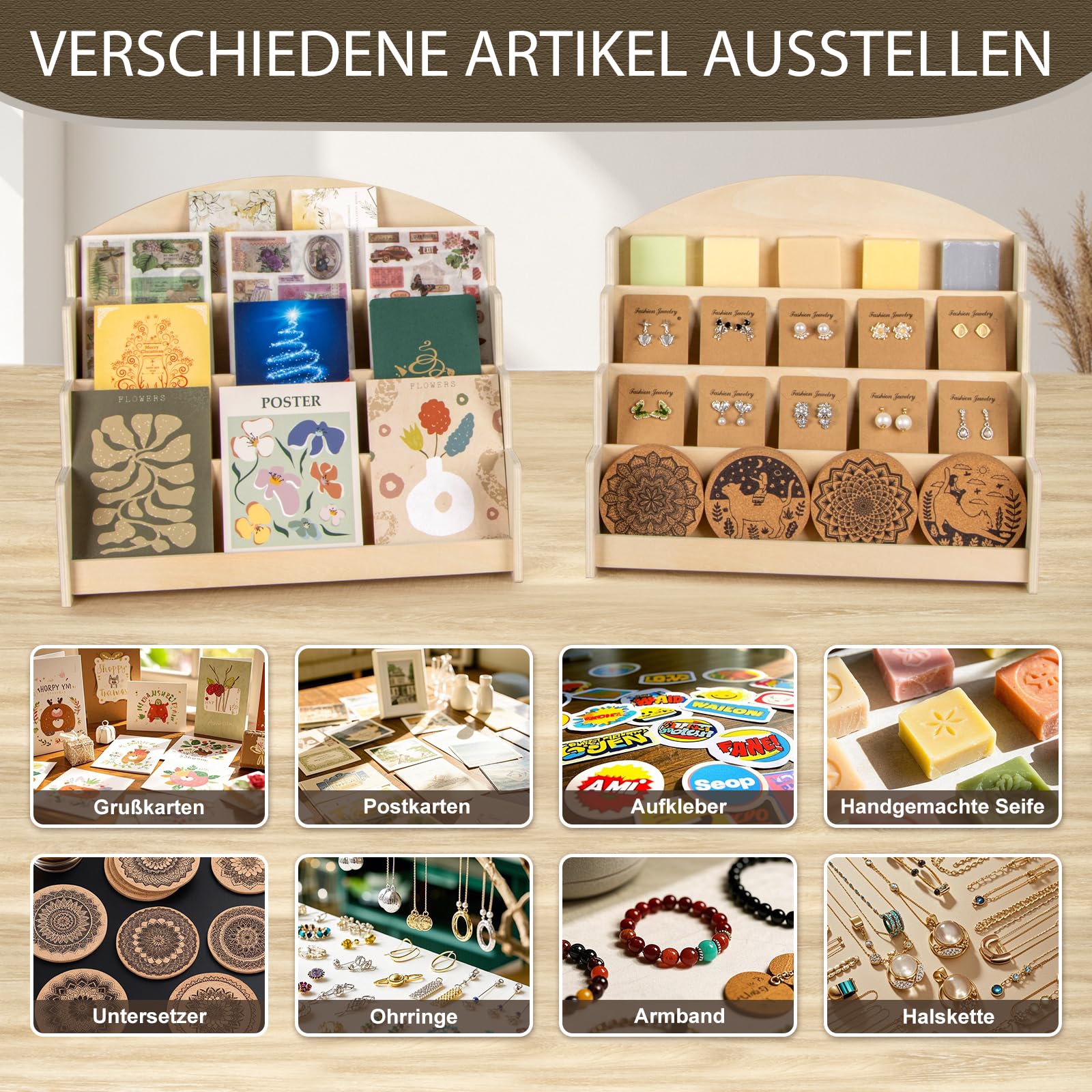 PUERSI Kartenständer Postkartenständer holz, Kartenaufsteller Postkartenhalter Karten Ständer Postkarten Aufbewahrung Grußkarten Rustikal, Beige