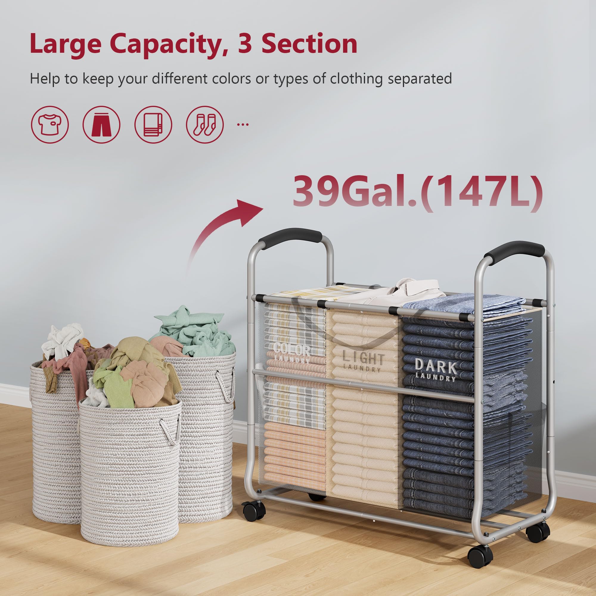 Tajsoon Panier à linge à 3 sections, avec roues robustes verrouillables et poches amovibles, panier à linge séparé pour ranger les vêtements, gris + beige + noir