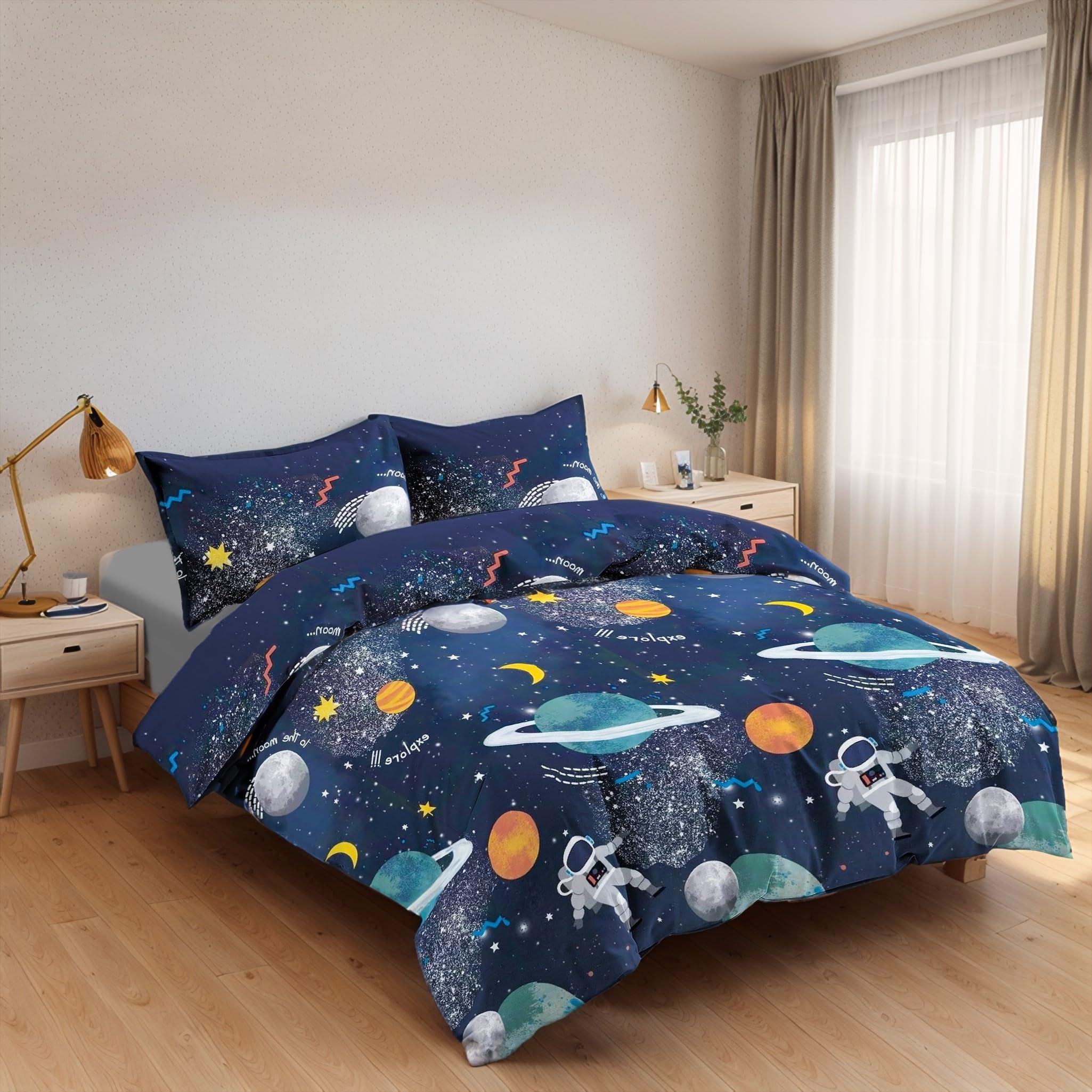 Juego de Funda Nórdica 3 Piezas Cama 90 Microfibra Extra Suave Transpirable - 1 Funda Edredón 150x220 cm, 1 Bajera 90x200+28 cm y 1 Funda Almohada 50x110 cm (Color Galáctico)