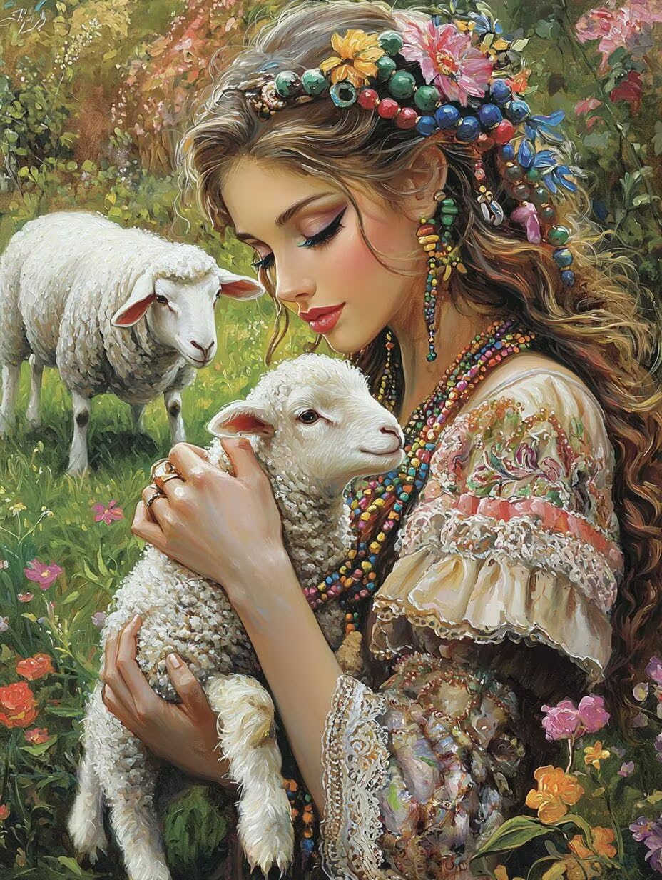 WEISHIWE Dipingere con i Numeri Adulti Agnello e donna, 60x80cm s-1041