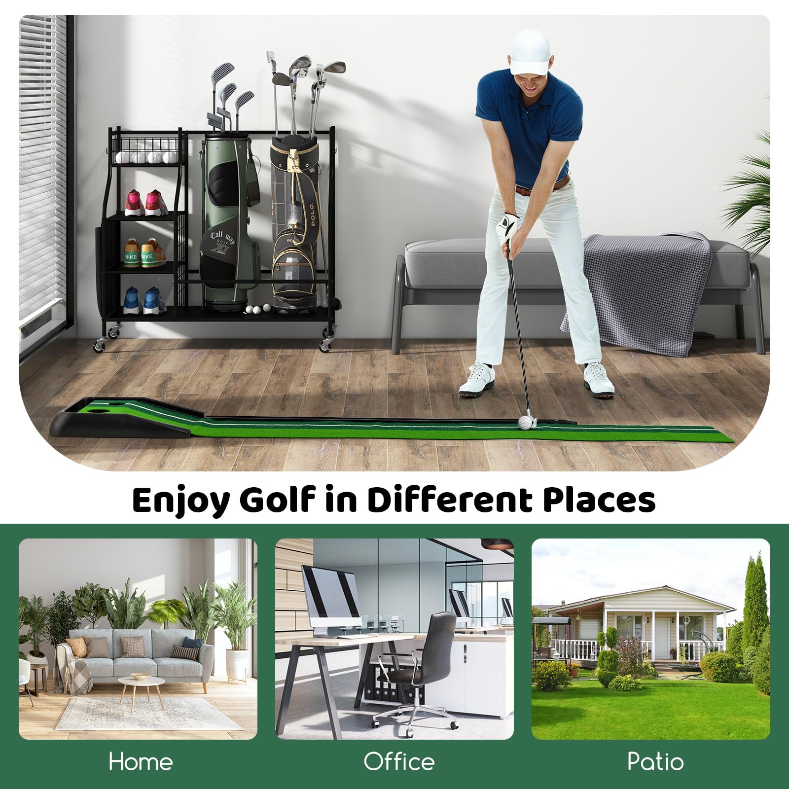 LIFEZEAL Tapis d'Entraînement de Golf avec 2 Poches Intérieur, Tapis de Putting de Golf Portable avec Retour Automatique, Base de Golf Extérieur, 260x39x9 cm