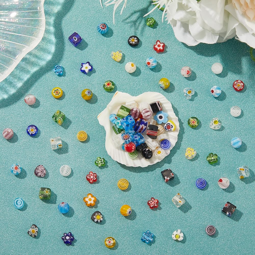 PONABEADIY 1 Box 6 Styles 180PCS Lampwork Beads Glass with Hole Handmade Millefiori Flower Heart Flat Round Cube Colorful Charms Loose Bead for Jewellery Making DIY Bracelets Necklaces Craft Supply - Image 3
