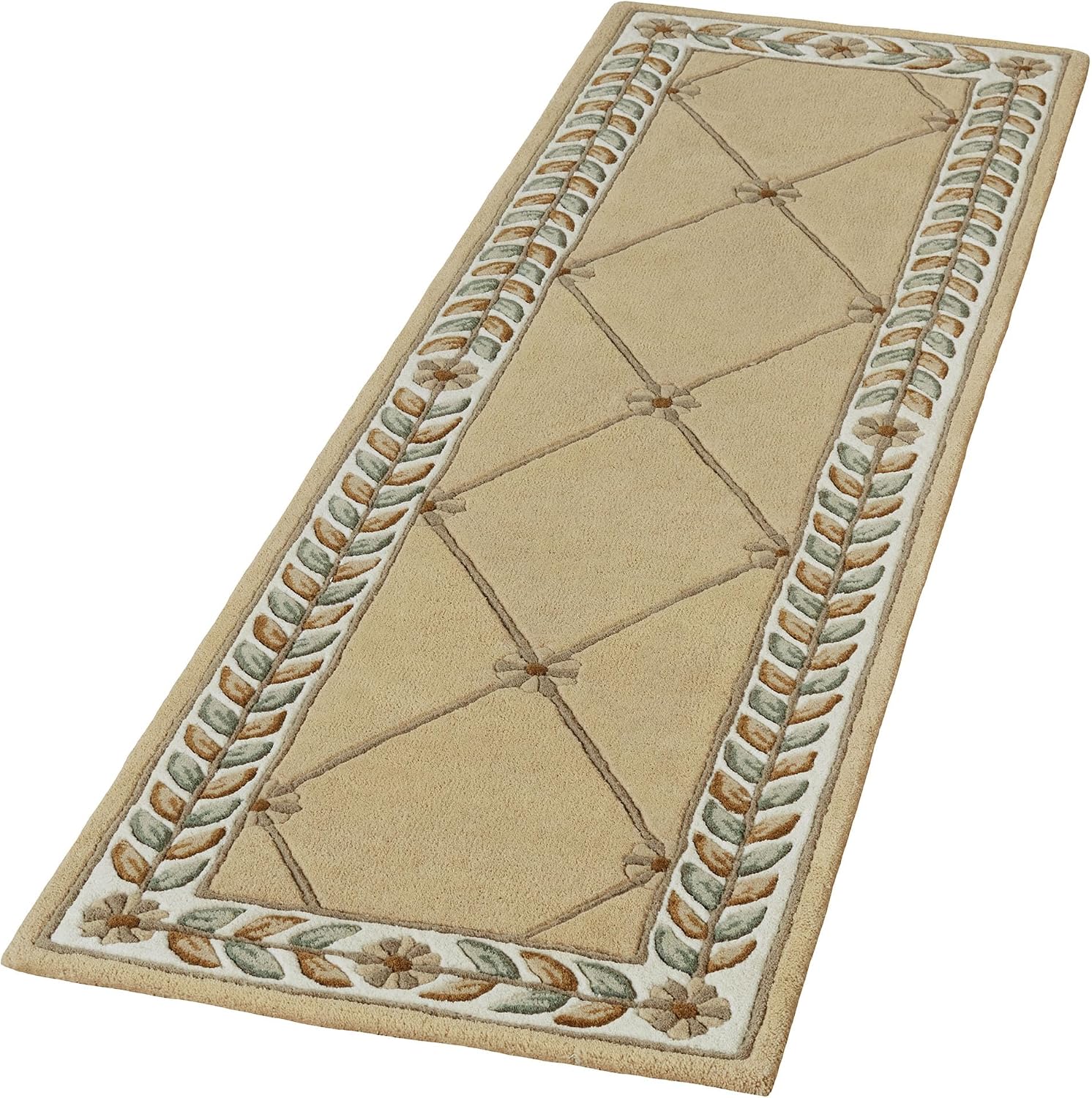 Fleurette Traditional Runner Rug | 2 feet 3 inches x 7 feet 6 inches | Antique Classic Gold | Elegant Hand-tufted & Handcarved Pure Wool Rectangle Runner Rug with Diamond Latticework, Florals & Leaves