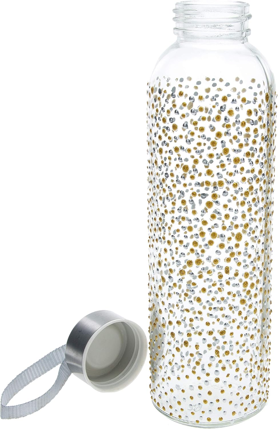 Pavilion Gift Company 16.5 Oz Hand Decorated Glass Water Bottle With Sealed Metal Twist Off Lid Silver & Gold Polka Dot, Gold