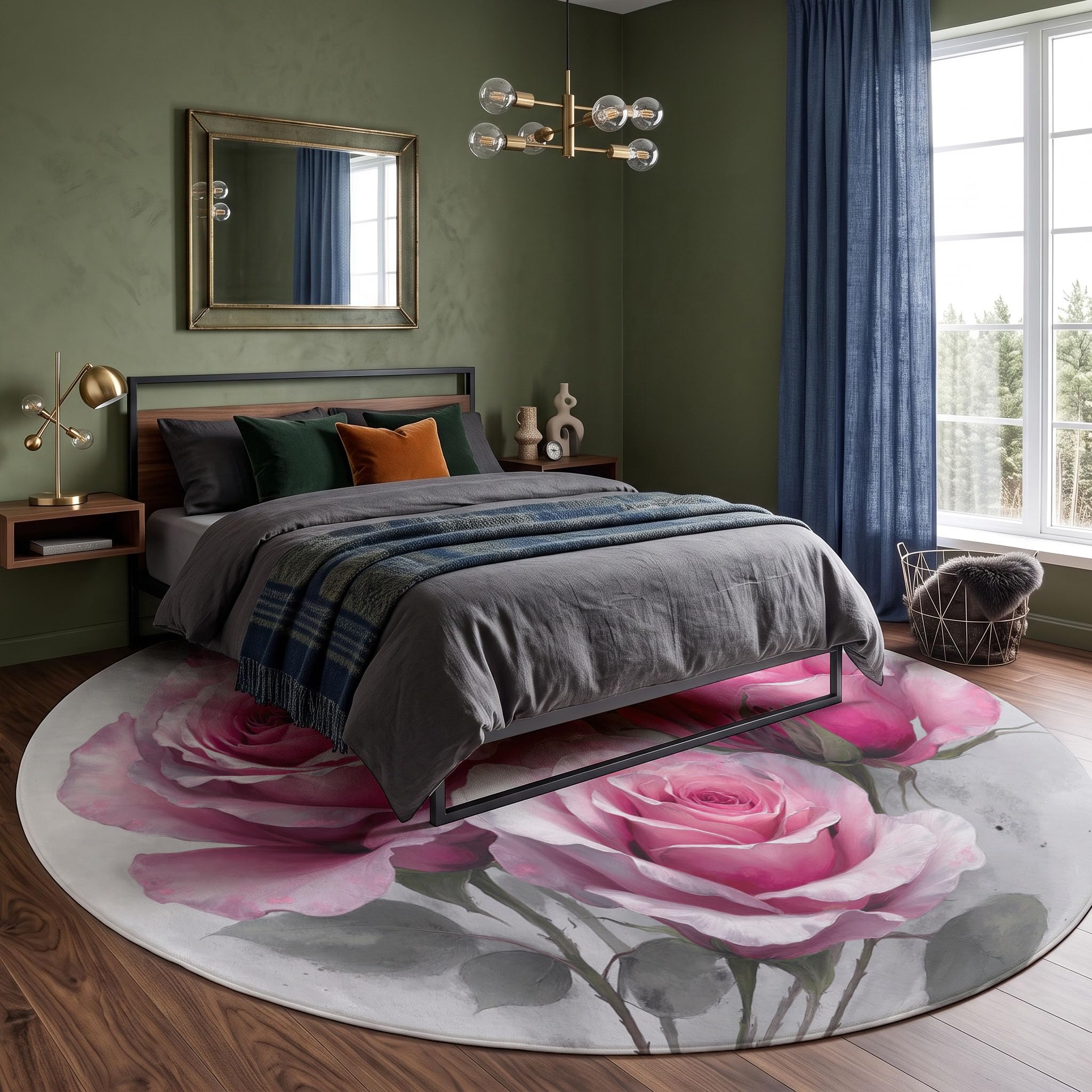 Tapis Rond Roses Roses Feuilles Vertes 180cm | Fleurs Aquarelles Vintage Rond Tapis Doux Résistant, Lavable Antidérapant pour Chambre à Coucher Salle à Manger