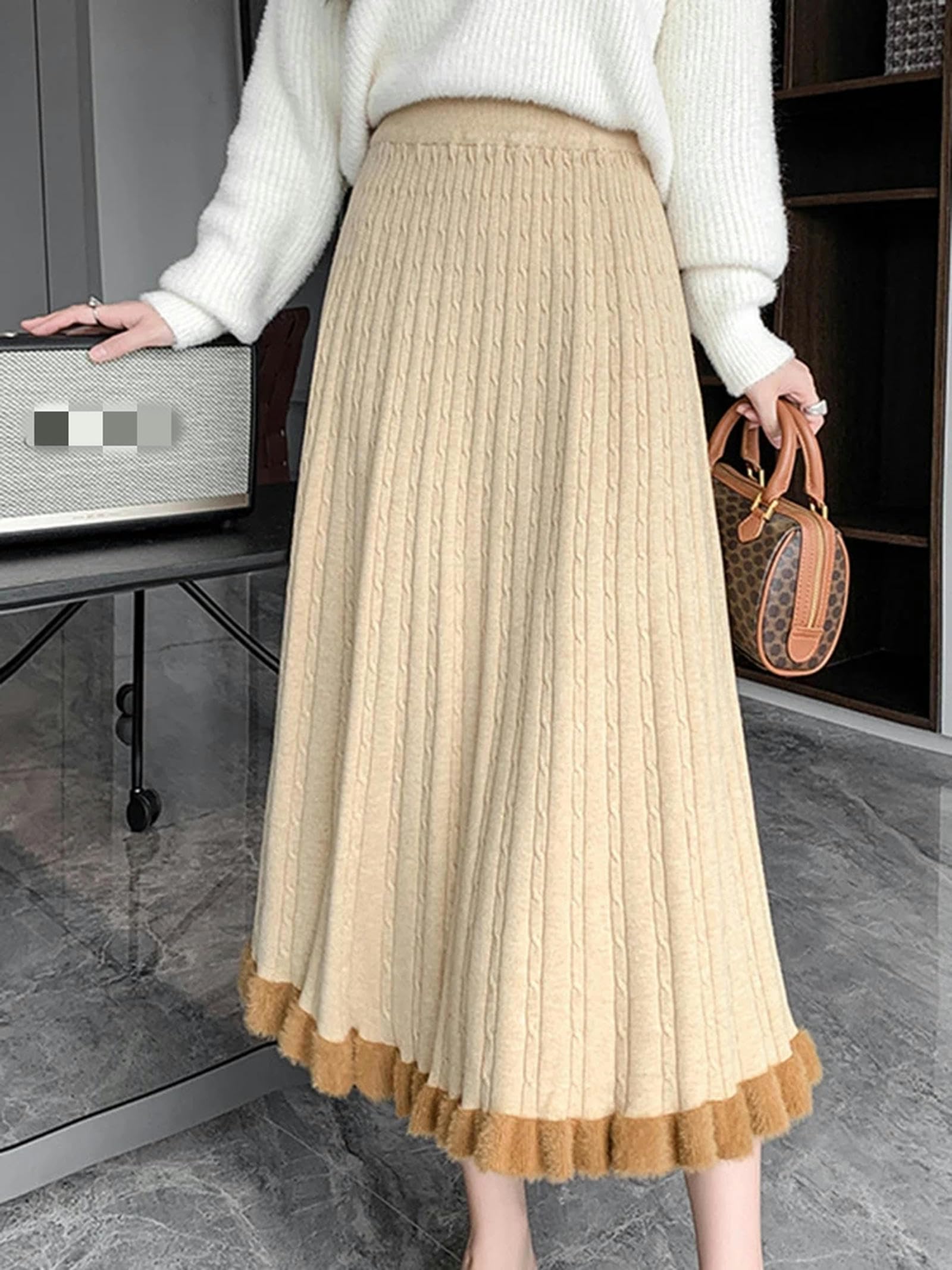 MdybF Czarna spódnica dzianinowa długa spódnica damska zimowa ciepła spódnica midi elegancka na co dzień moda wysoka talia spódnica o linii A