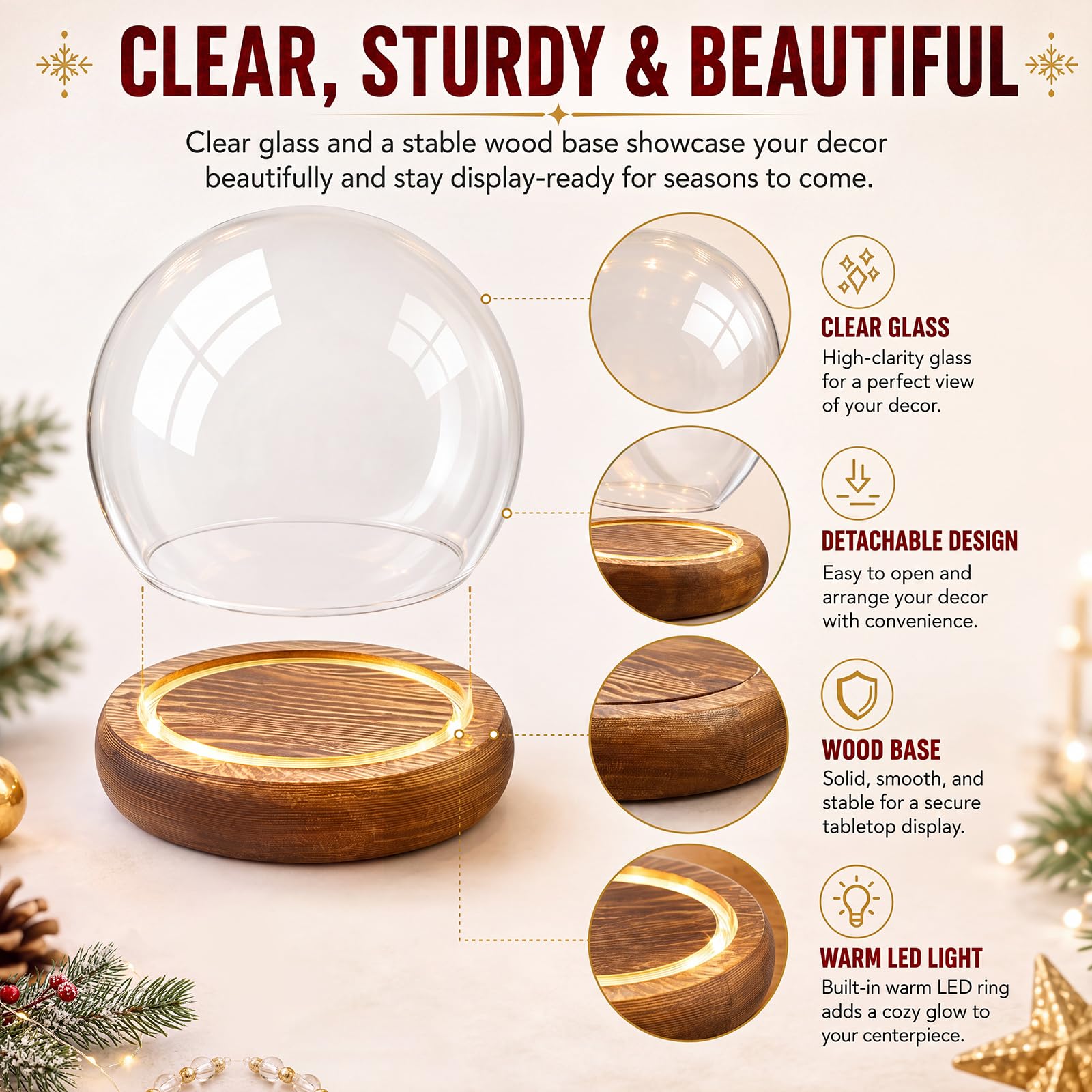 Funtery 8 pezzi di vetro a cupola di Natale trasparente fai da te con base in legno chiaro, kit decorativo per terrario per piante, terrario, decorazione per donne, regalo da tavolo (9,94 cm)