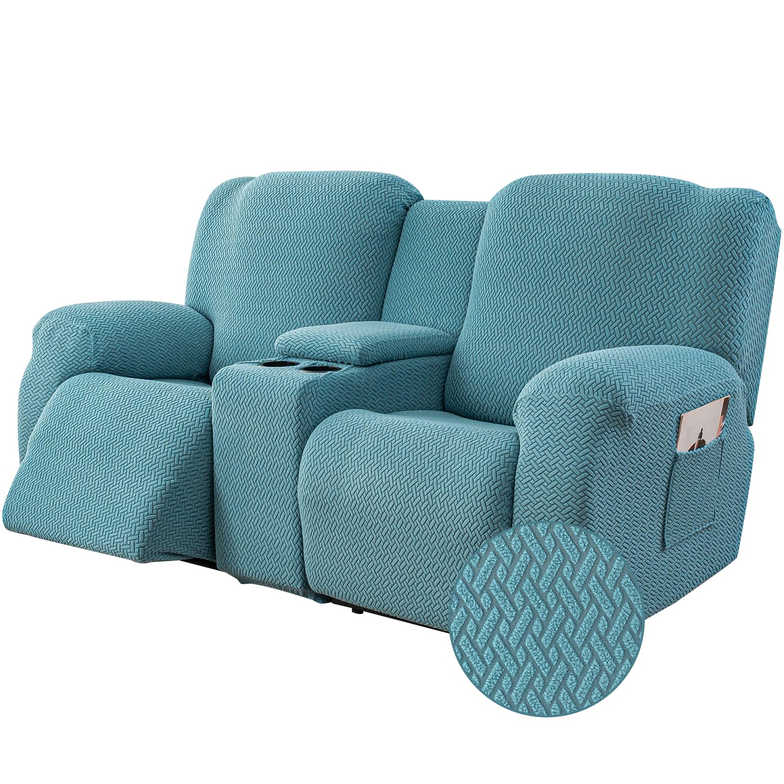 Genina Recliner Loveseat Covers with Console,2 Seater,Light Blue