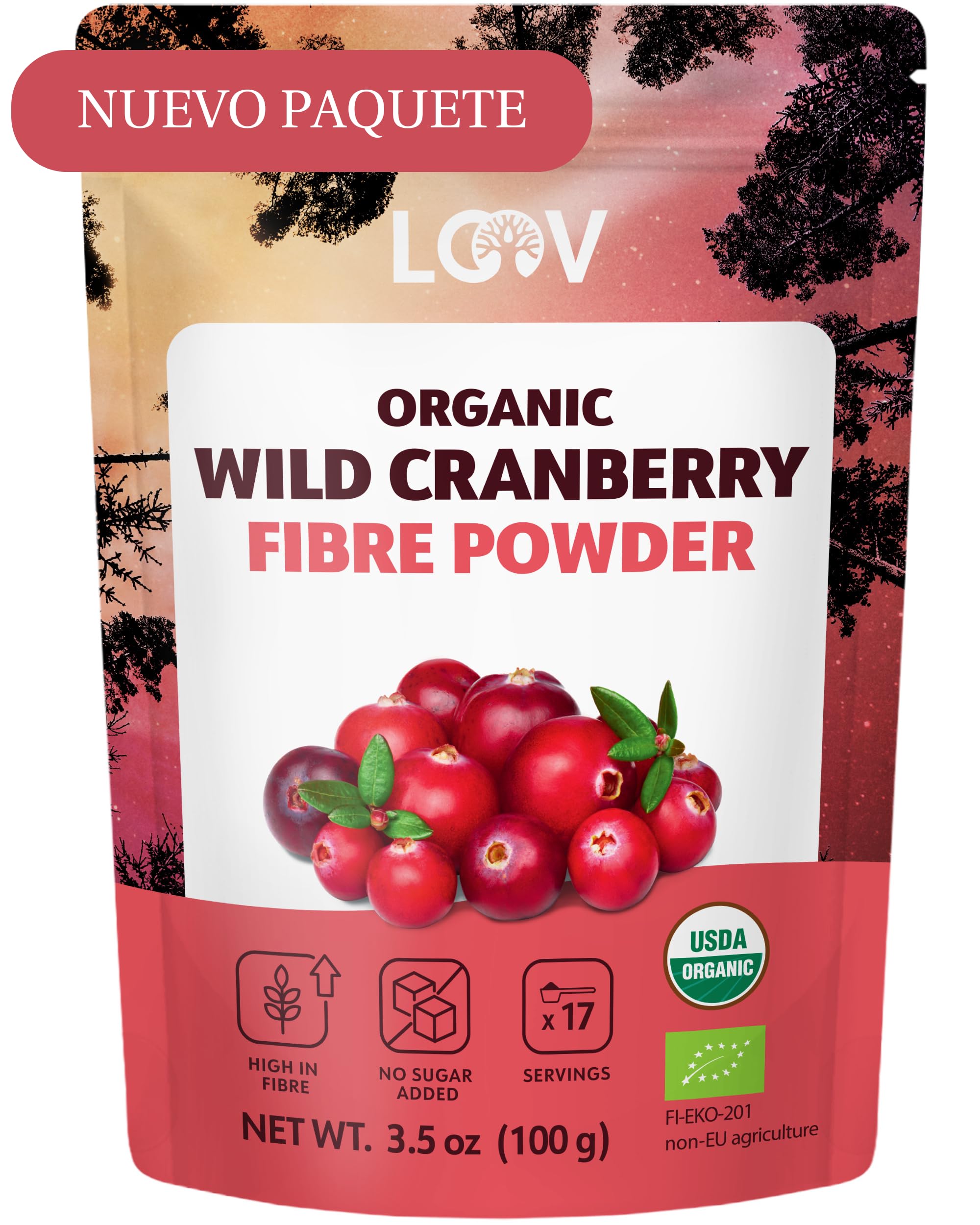 Polvo de Arándano Ágrio Silvestre Orgánico LOOV (polvo de orujo), 100 g, rico en antioxidantes y fitonutrientes, hecho con cáscaras y semillas de bayas, sin azúcar, cosechado en bosques nórdicos