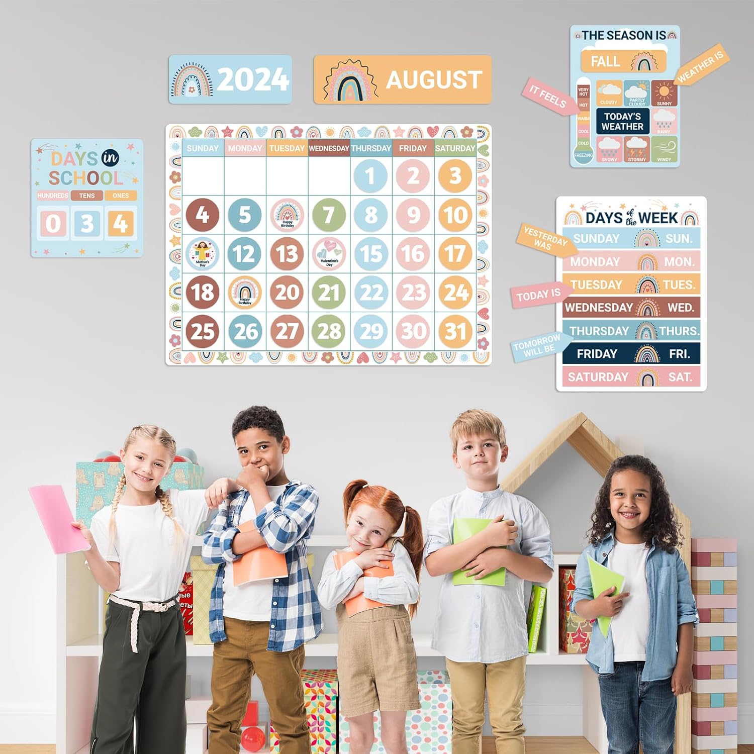 Bcabo 132 Pcs Boho Rainbow Bulletin Boards Calendar for Classroom Wall Décor, with Days of The Week, Days in School, Weather Season Chart, Holiday & Birthday Cards, Back to School Decoration thumbnail