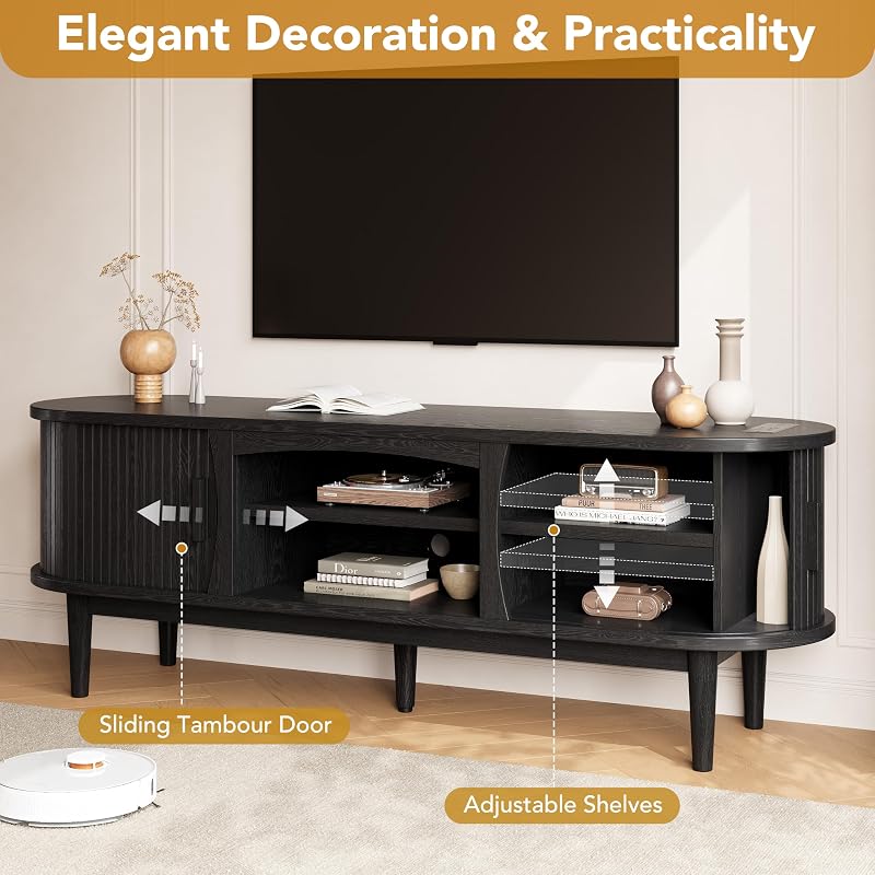 Decofy 63" Fluted TV Stand for TVs Up to 70" with Charging Station, Black image 4