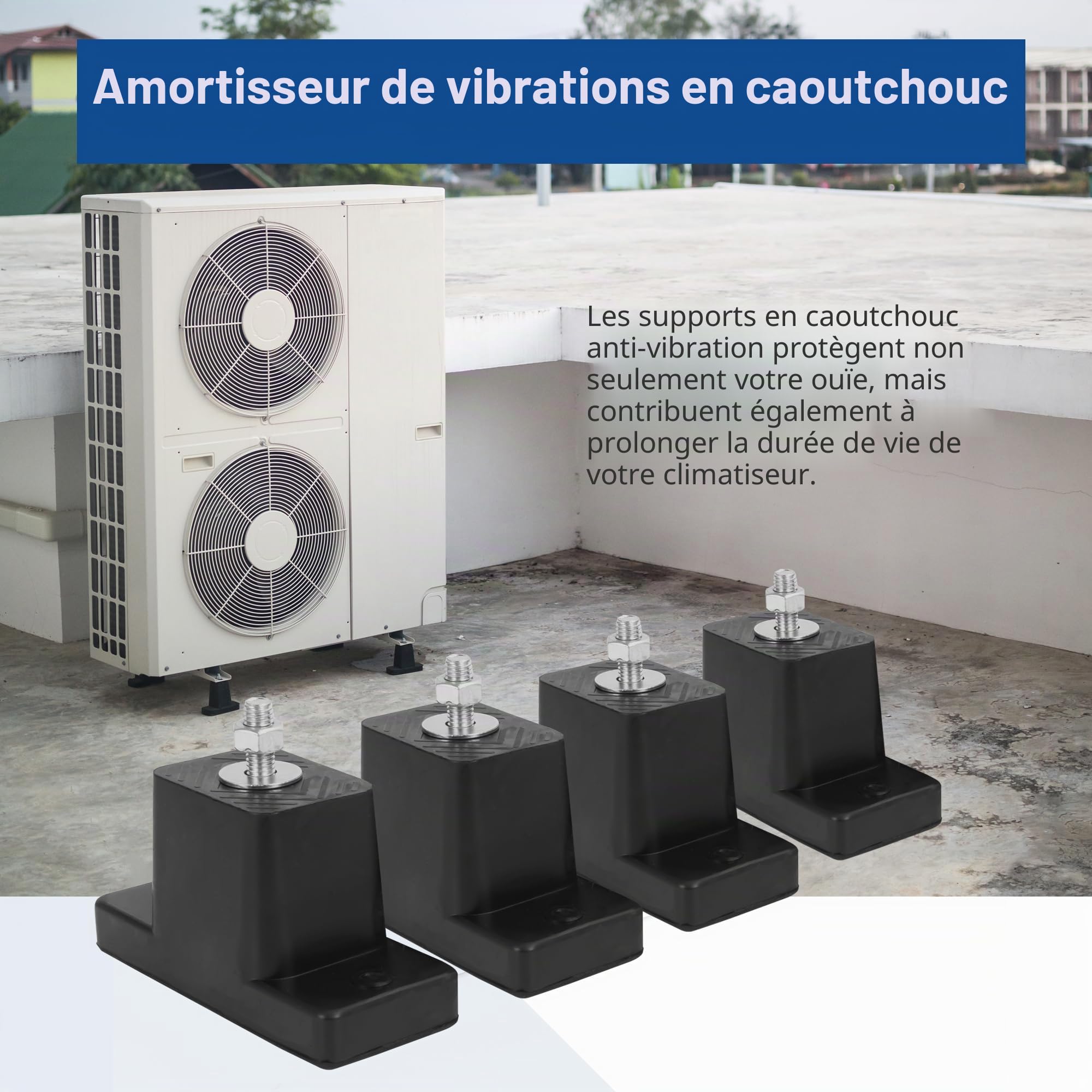 Cherbowing Lot de 4 pieds anti-vibrations pour climatisation - Support en caoutchouc pour climatisation - 200 kg - Antidérapant - Résistant aux UV