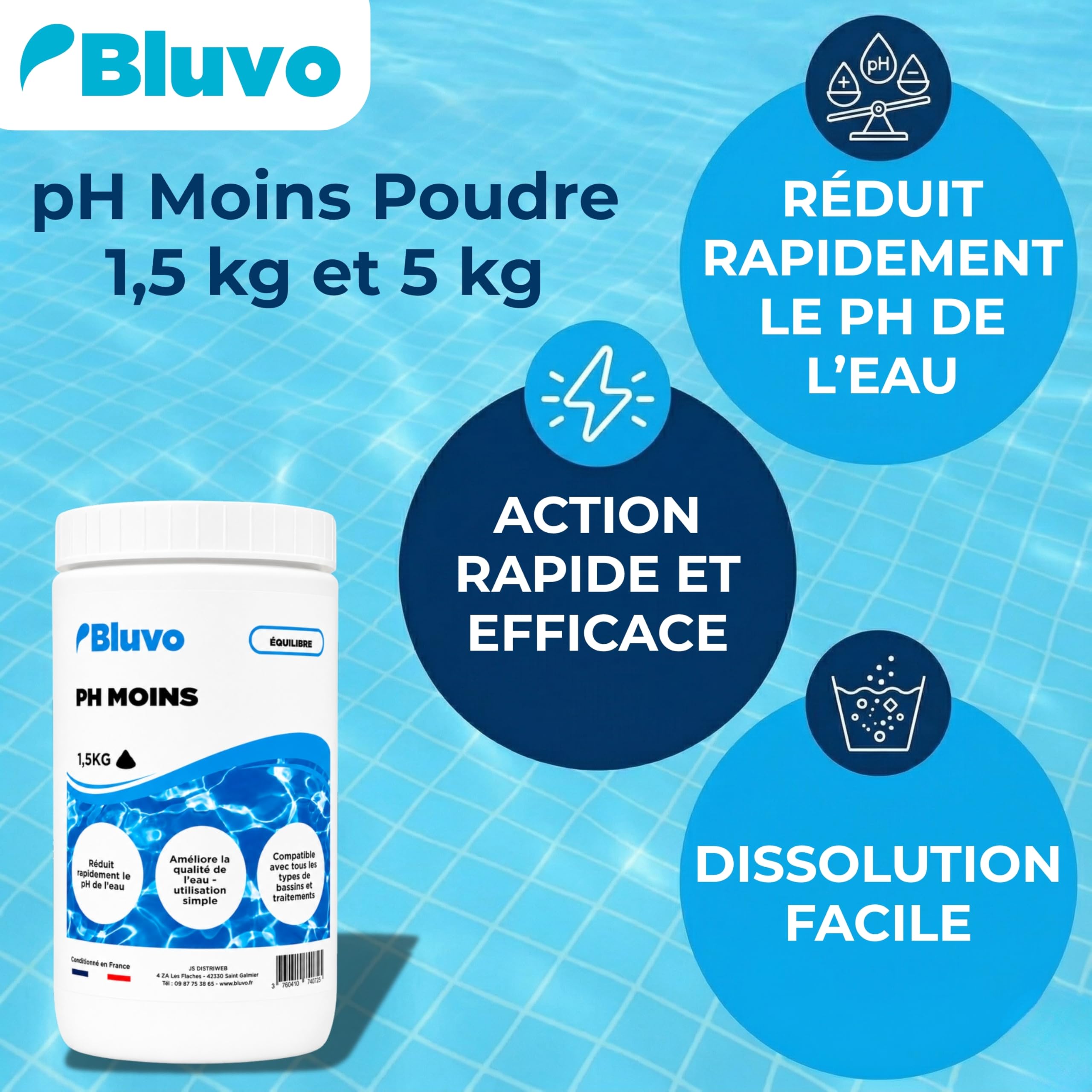 pH Moins Piscine – Réducteur de pH en Poudre | Baisser Le pH de l’Eau Rapidement | Traitement Eau Piscine et Spa | Formats 1,5 kg et 5 kg | Conditionné en France (1,5KG)