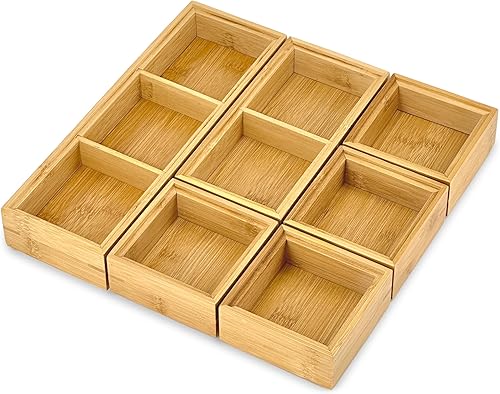 Bam & Boo - 6 bandejas apilables de bambú natural para cajones de escritorio y contenedores de almacenamiento (varios tamaños) - para oficina,