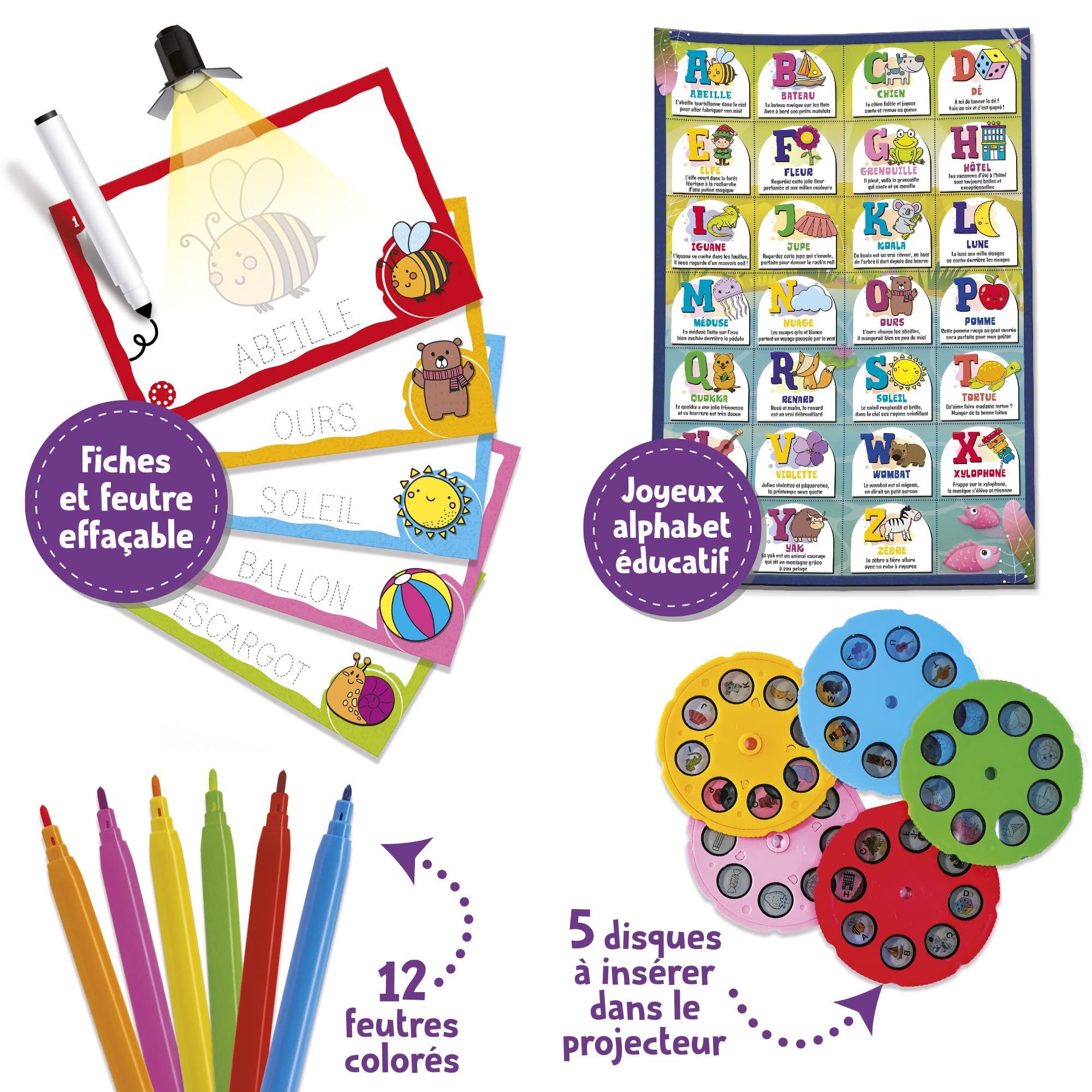Lisciani CAROTINA Tableau Projecteur LED Enfants 3 Ans Jeux Educatifs Apprendre Alphabet Ecrire Dessiner Feutres Fiches