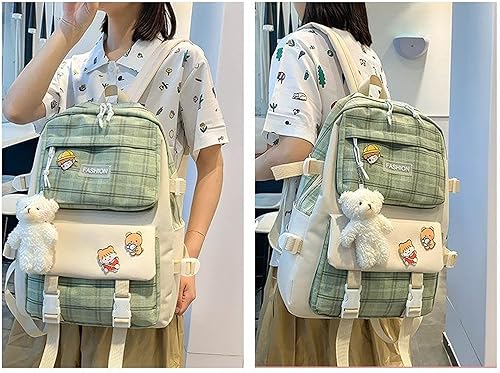 Miniatura 3 de Paquete de 5 mochilas escolares kawaii con bonitos alfileres colgantes de oso a cuadros, suministros de regreso a la escuela, mochila escolar de