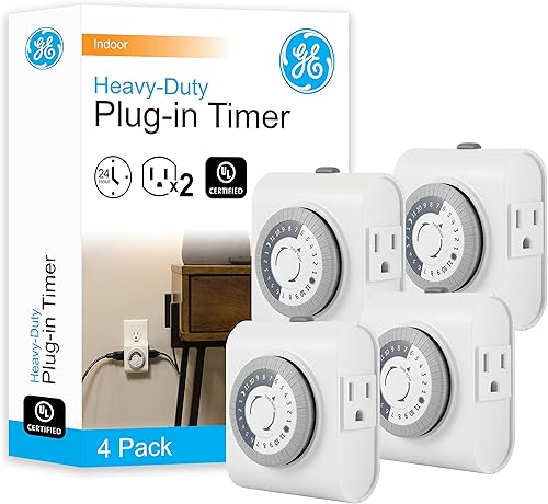 GE Temporizador de salida a tierra mecánico, enchufes dobles con 3 puntas, ciclo de 24 horas, uso en interiores para luces, lámparas, ventiladores,