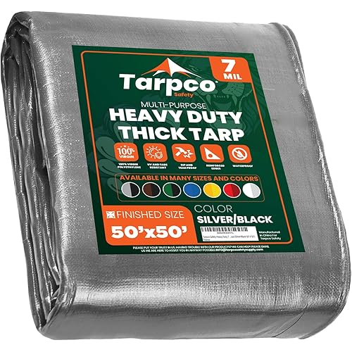 Tarpco Safety Heavy Duty 7 Mil Tarp Cover, Waterproof, UV Resistant, Rip and Tear Proof, Poly Tarpaulin with Reinforced Edges for Roof, Camping, Patio, Pool Cover, Boat (Silver/Black 50′ X 50′)
