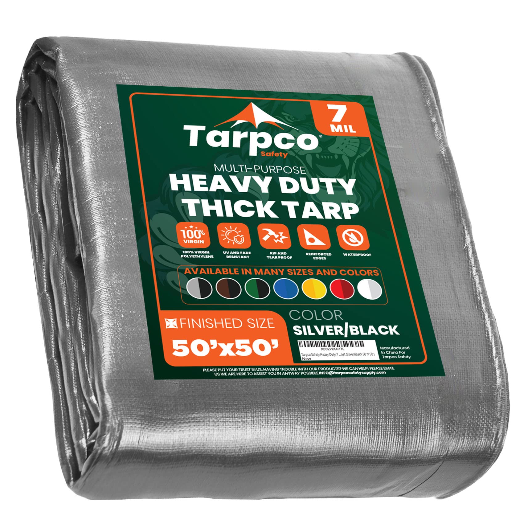 Heavy Duty 7 Mil Tarp Cover, Waterproof, UV Resistant, Rip and Tear Proof, Poly Tarpaulin with Reinforced Edges for Roof, Camping, Patio, Pool Cover, Boat (Silver/Black 50′ X 50′)