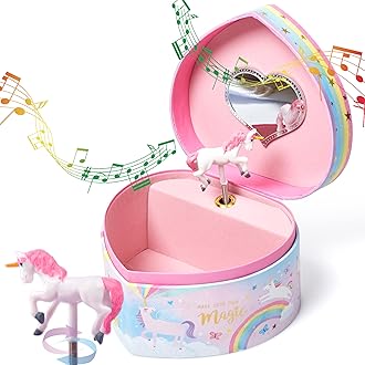 Jewelkeeper Music Jewelry Box for Girls - Sturdy Plastic with Fancy Mirror Twirling Unicorn Figurine and Flocked Lining - Kids Jewelry Box for Secrets and Keepsakes - Heart Shaped Unicorn Print