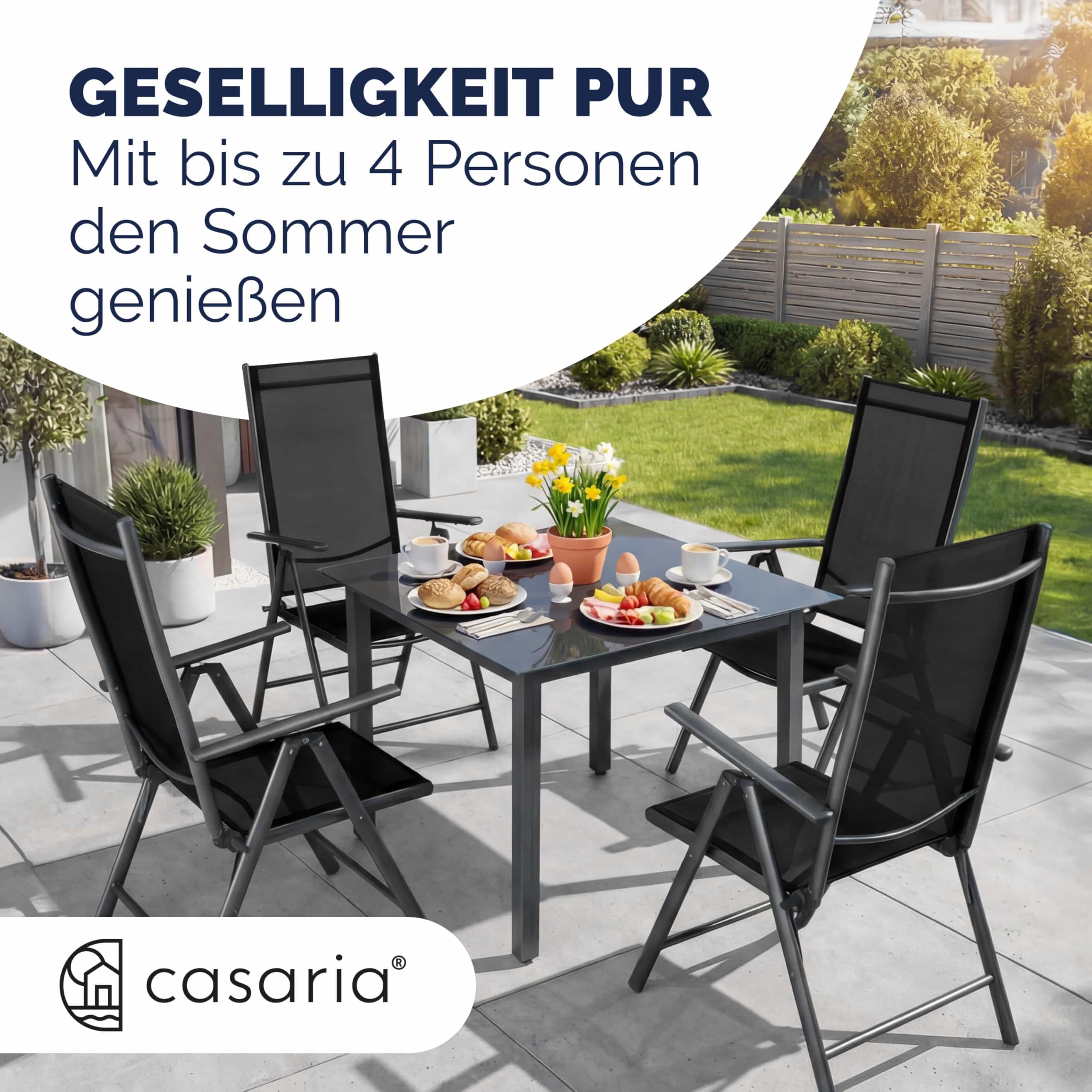 Casaria® Gartenmöbel Set 4 Stühle mit Tisch 90x90cm Aluminium Sicherheitsglas Wetterfest Klappbar Modern Terrasse Balkon Möbel Sitzgruppe Garnitur Bern
