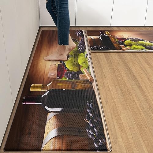 Miniatura 2 de Juego de 2 tapetes de cocina de vino antifatiga acolchados de uva para piso, tapete retro impermeable antideslizante para cocina, tapetes y