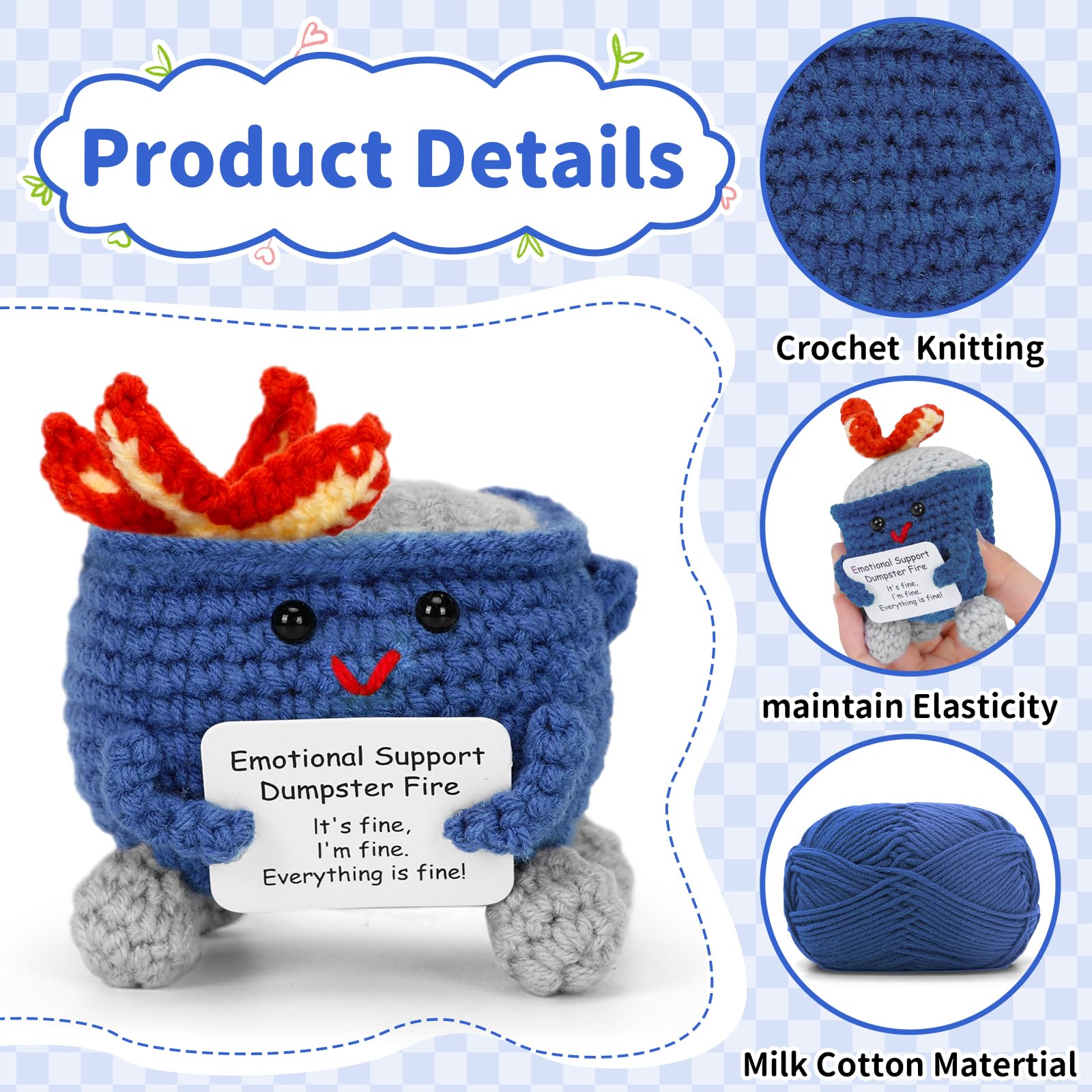 Keyrose Emotional Support Dumpster Fire Crochet Doll, a Cute Funny Handmade Desk Accessories Office Decor, Birthday Gifts for Women Men with Positive Card (Dark Blue)