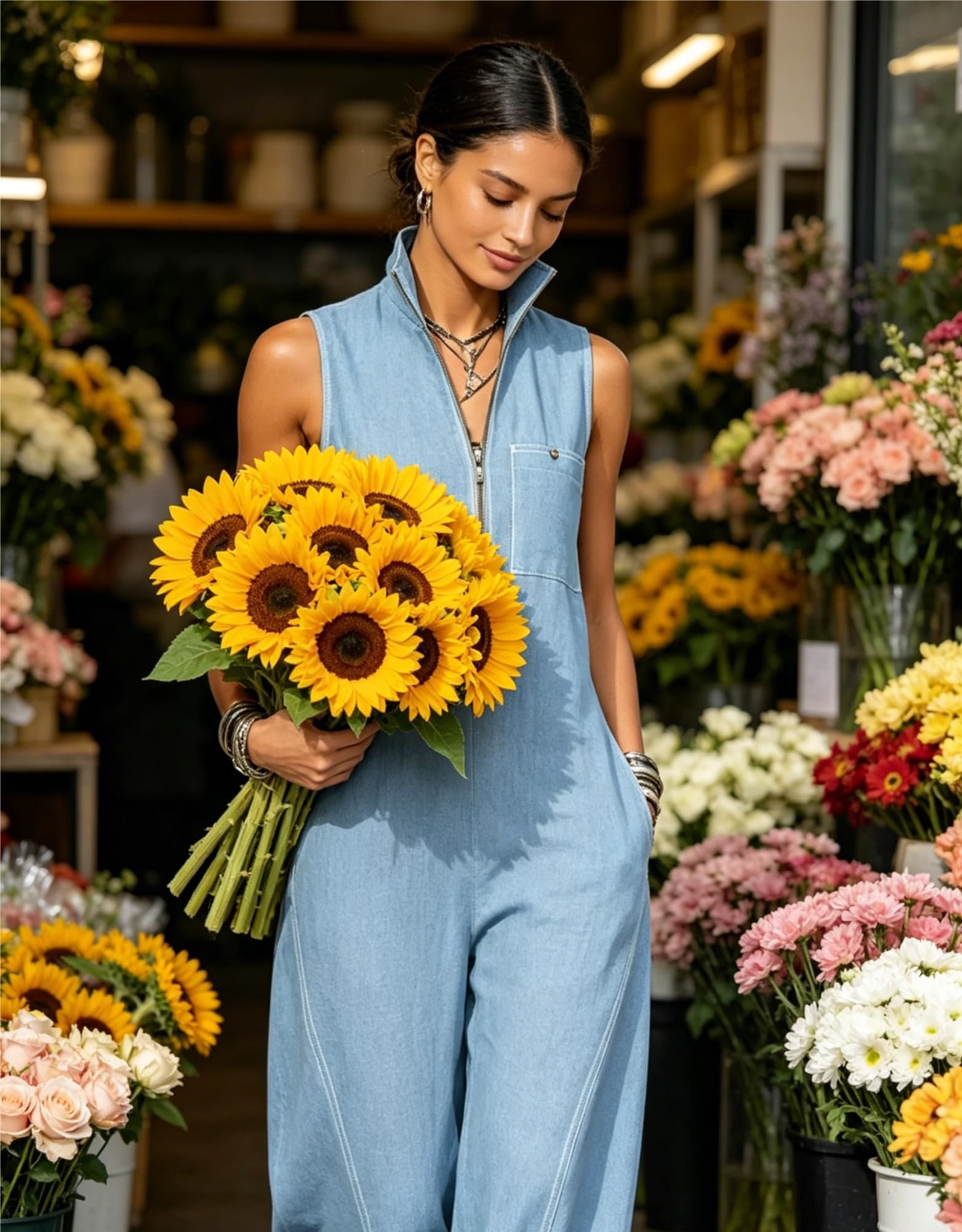 Générique Jumpsuit Femme Sans Manches en Lin, Col Montant Demi-Zip Jumpsuit à Jambes Larges avec Couture Contrastante et Poches pour une Tenue Décontractée Quotidienne