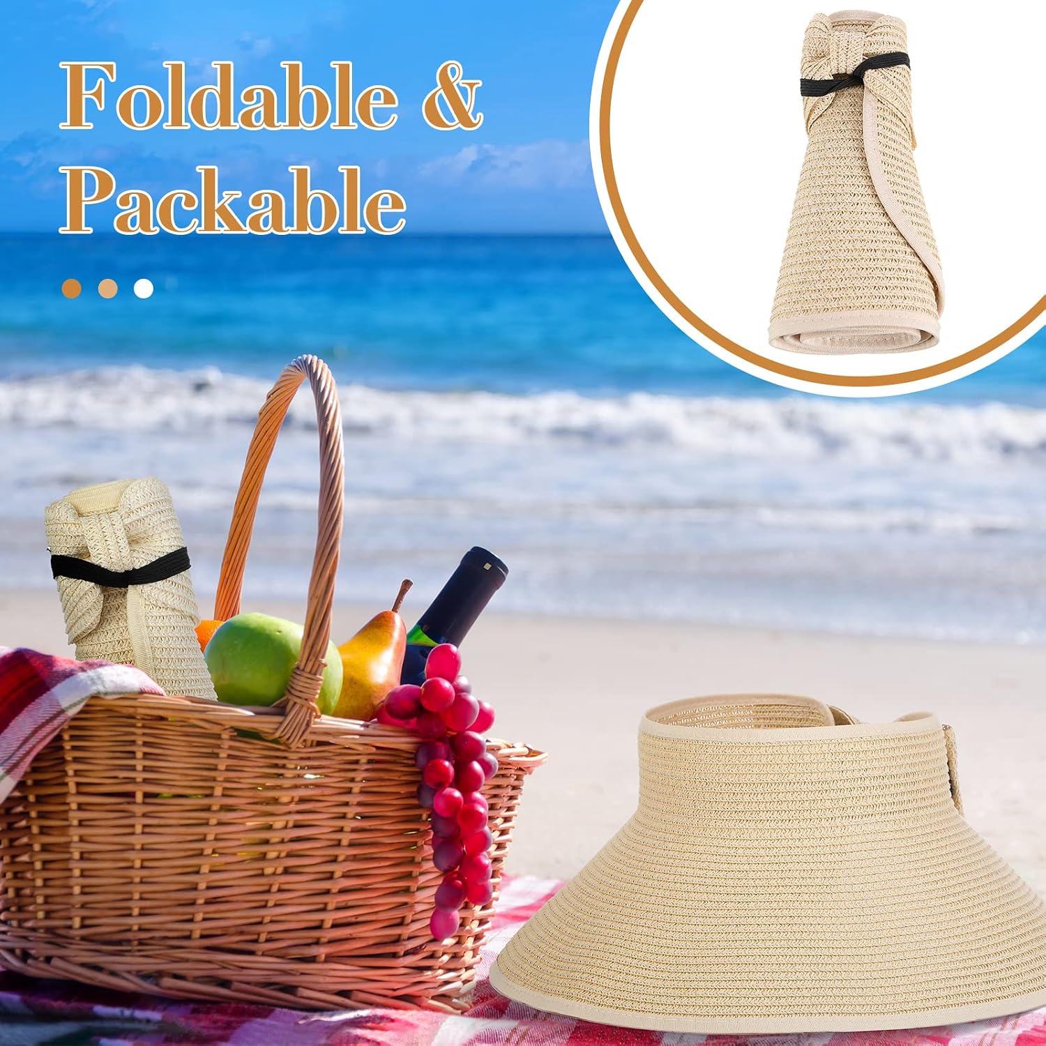 6 Pcs Foldable Straw Summer Beach Hat Wide Brim Ponytail Sun Visors for Women Adjustable Caps for Girls Travel