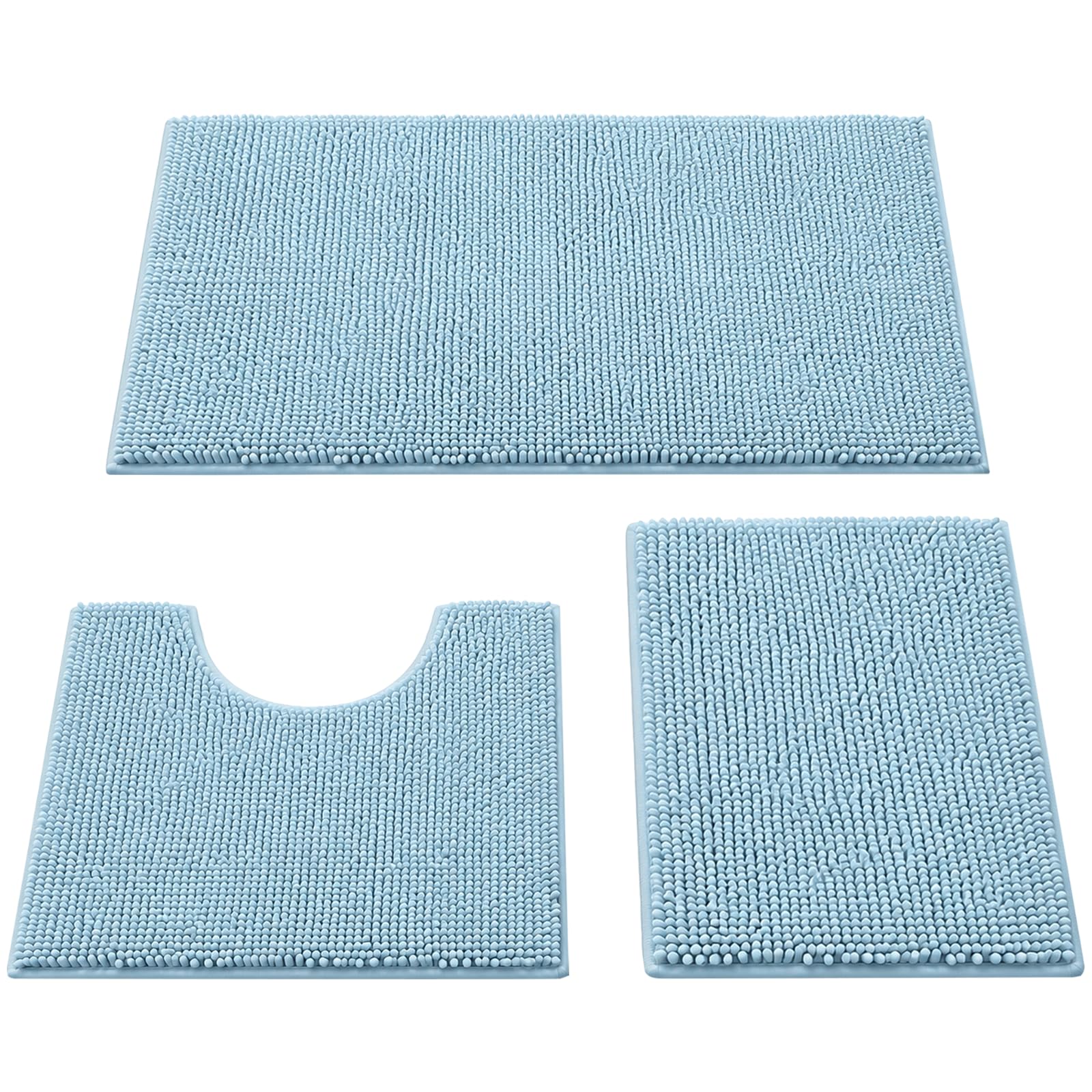 Générique Lot de 3 Tapis de Bain en Chenille Bleu Ciel, Grand 78,7 x 48,3 cm, Forme en U 48,3 x 48,3 cm, Petit 39,4 x 58,4 cm, Tapis de Bain antidérapant, très Doux