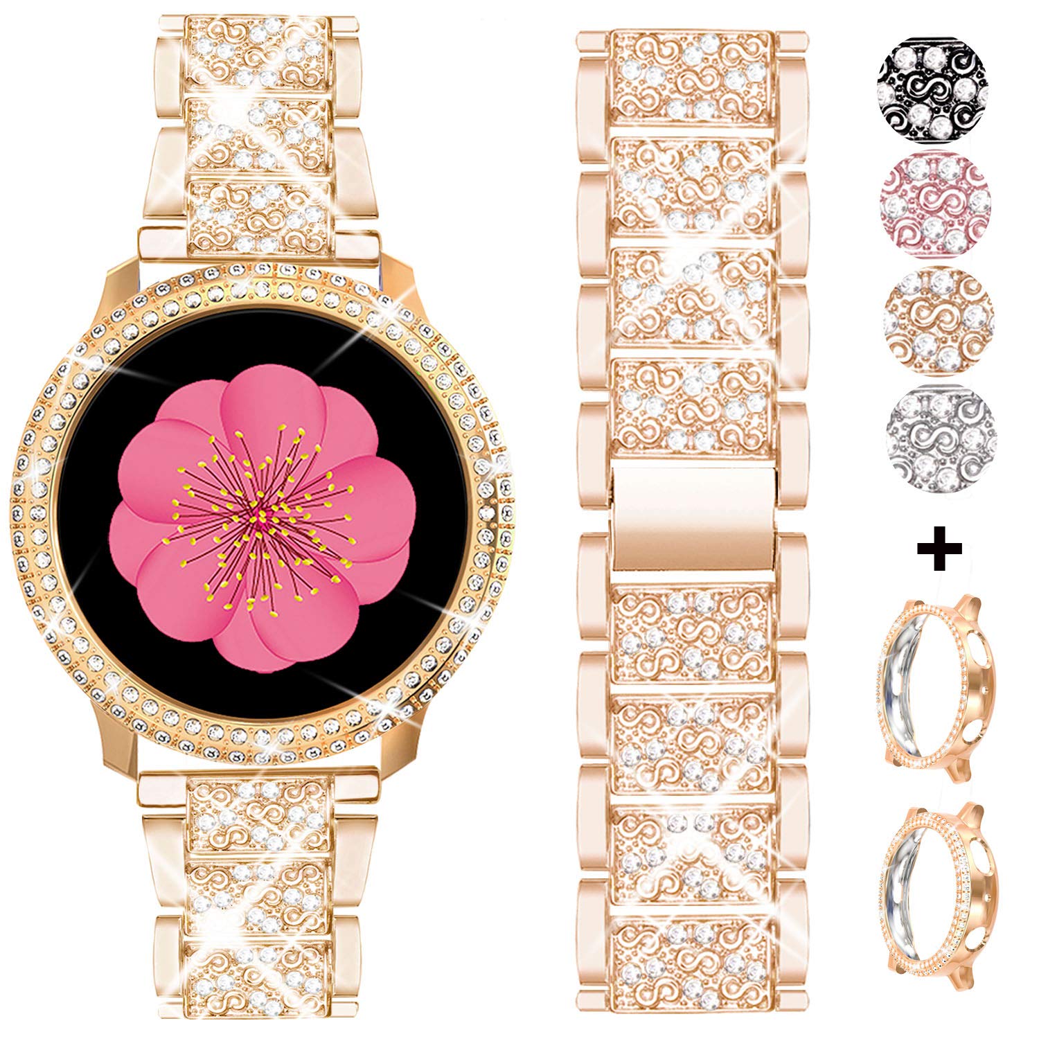 AMODOO Compatible for Samsung Galaxy Watch Active 2 Band + Case, Women Replacement Strap&Full Around PC Bumper for Galaxy Watch Active 2 44mm (Rose Gold/44mm)