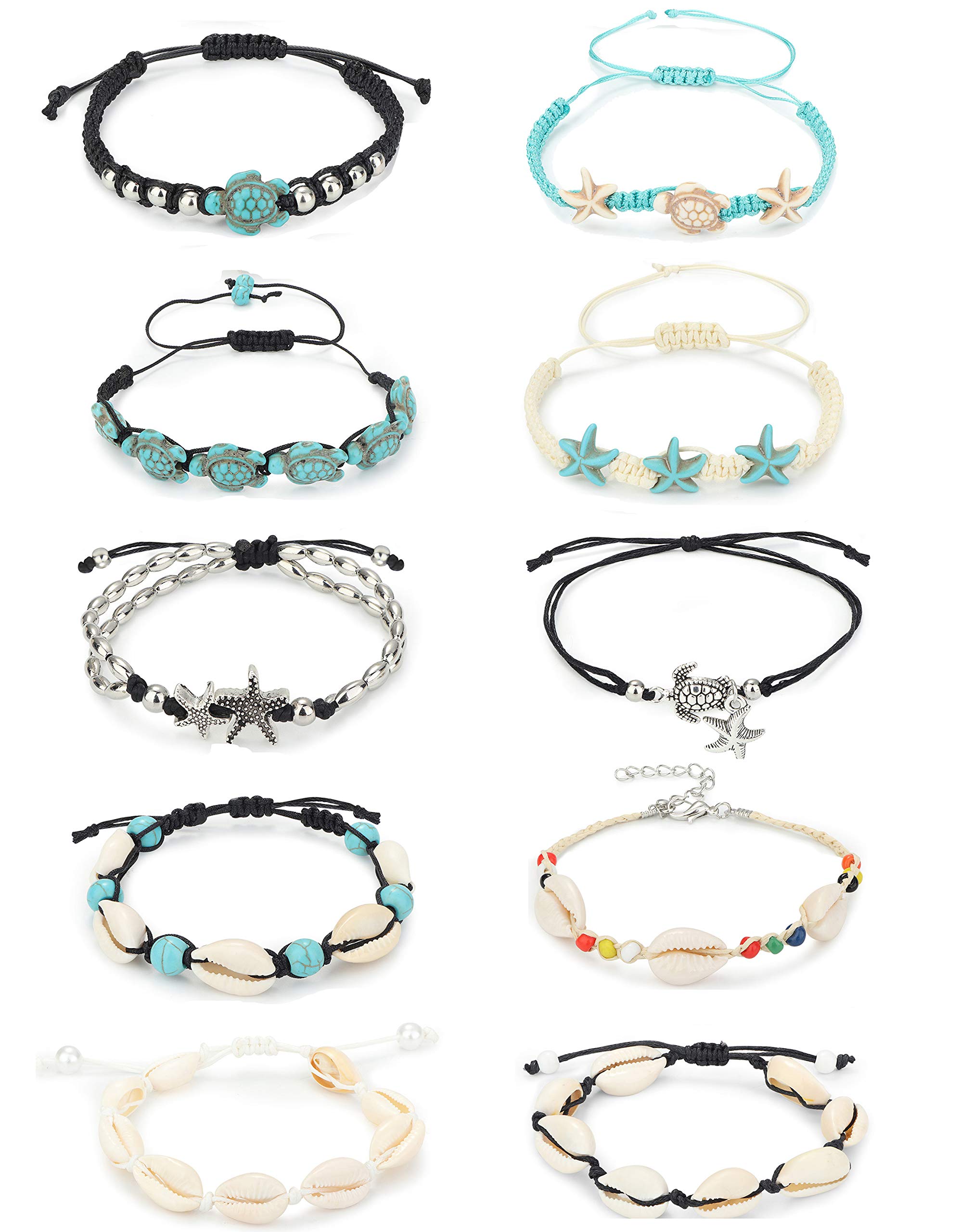 LOYALLOOK 10PCS Shell Turtle Ankle Bracelets Handmade Boho Anklet Jewelry Adjustable Natural Cowrie Shell Beach Bead Anklet for Women