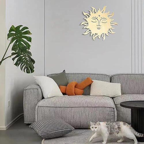 Miniatura 3 de Arte de pared de sol  Escultura plana de madera con cara de solluna  Escultura de pared de luna con gancho, escultura de universo hecha a mano para