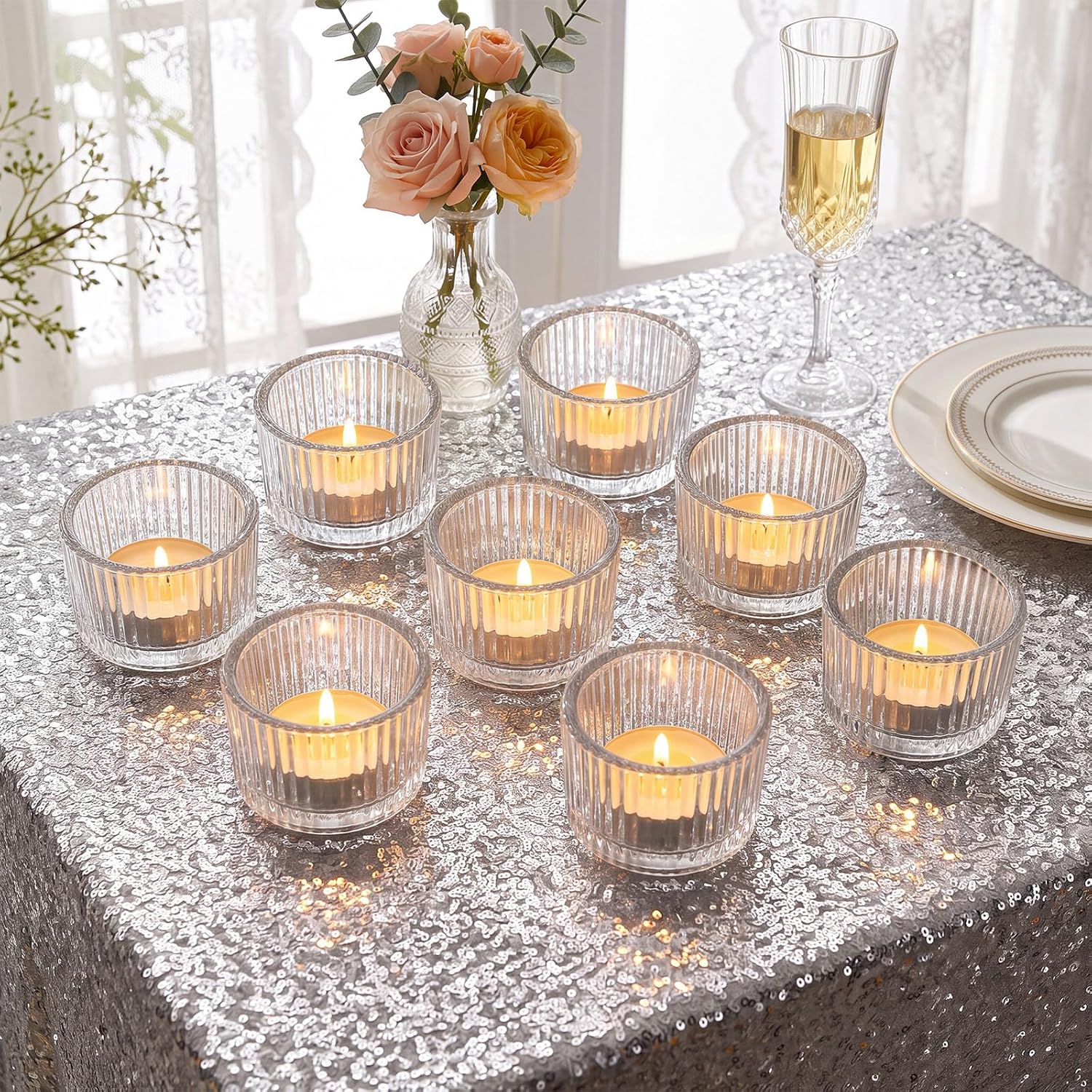 50 Sets Wedding Glass Tealight Candle Holders with Tea Light Candles Bulk