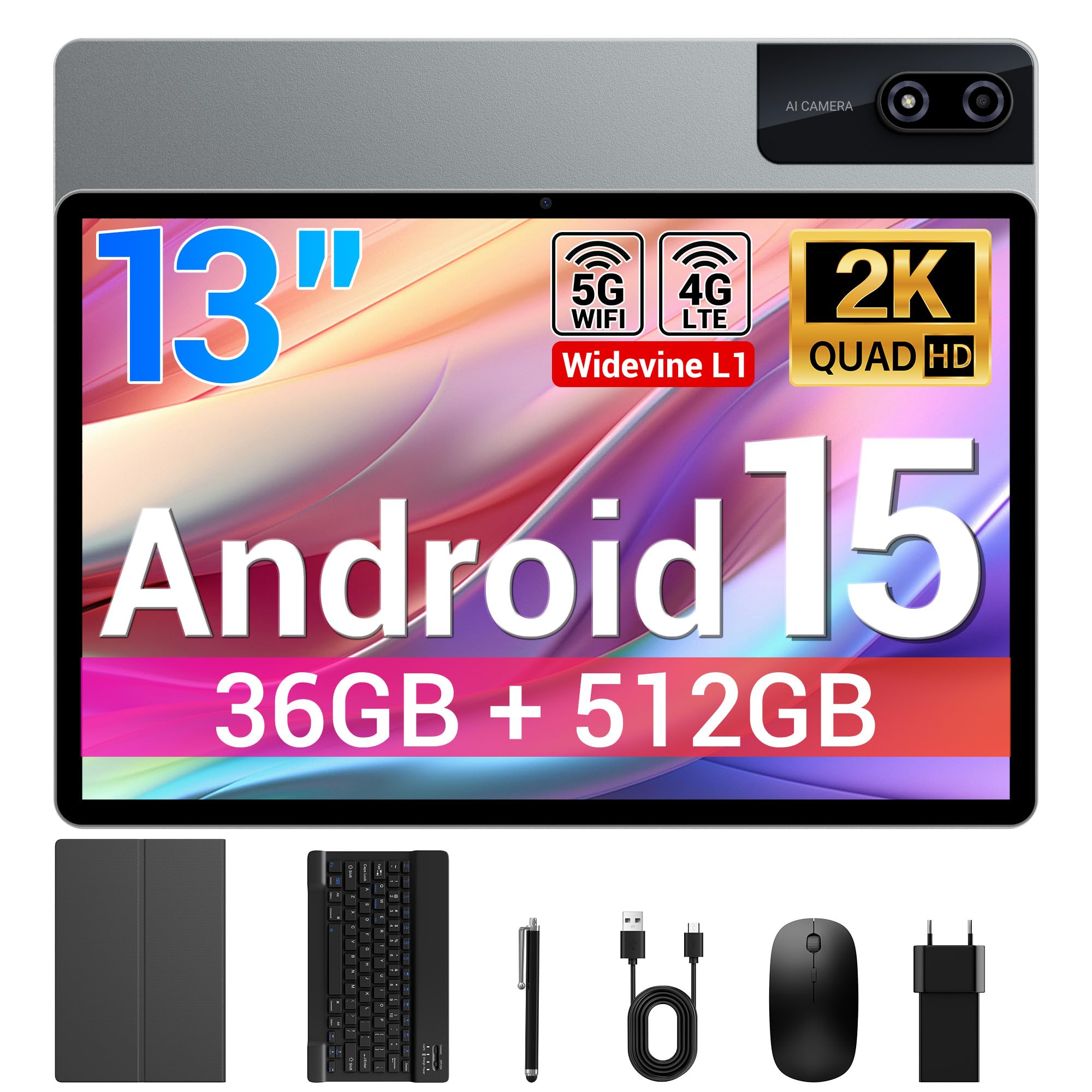 BEYNIVAN Tablet13 Pollici Android 15 tablet con 4G LTE/5G WiFi,36GB RAM+512GB ROM+1TB Espansione,2944x1840 FHD+, Gemini AI,11580mAh,13MP+8MP,BT 5.0/GPS/Split-Screen/Face ID/Tab con Tastiera,Grigio