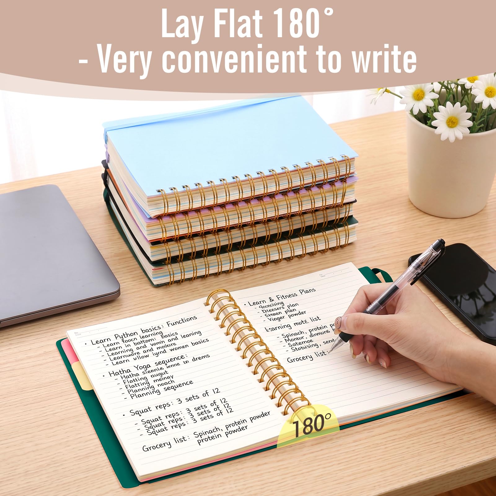 Cahier A4 ligné 300 pages 100 g/m² couverture rigide reliure spirale 5 intercalaires amovibles
