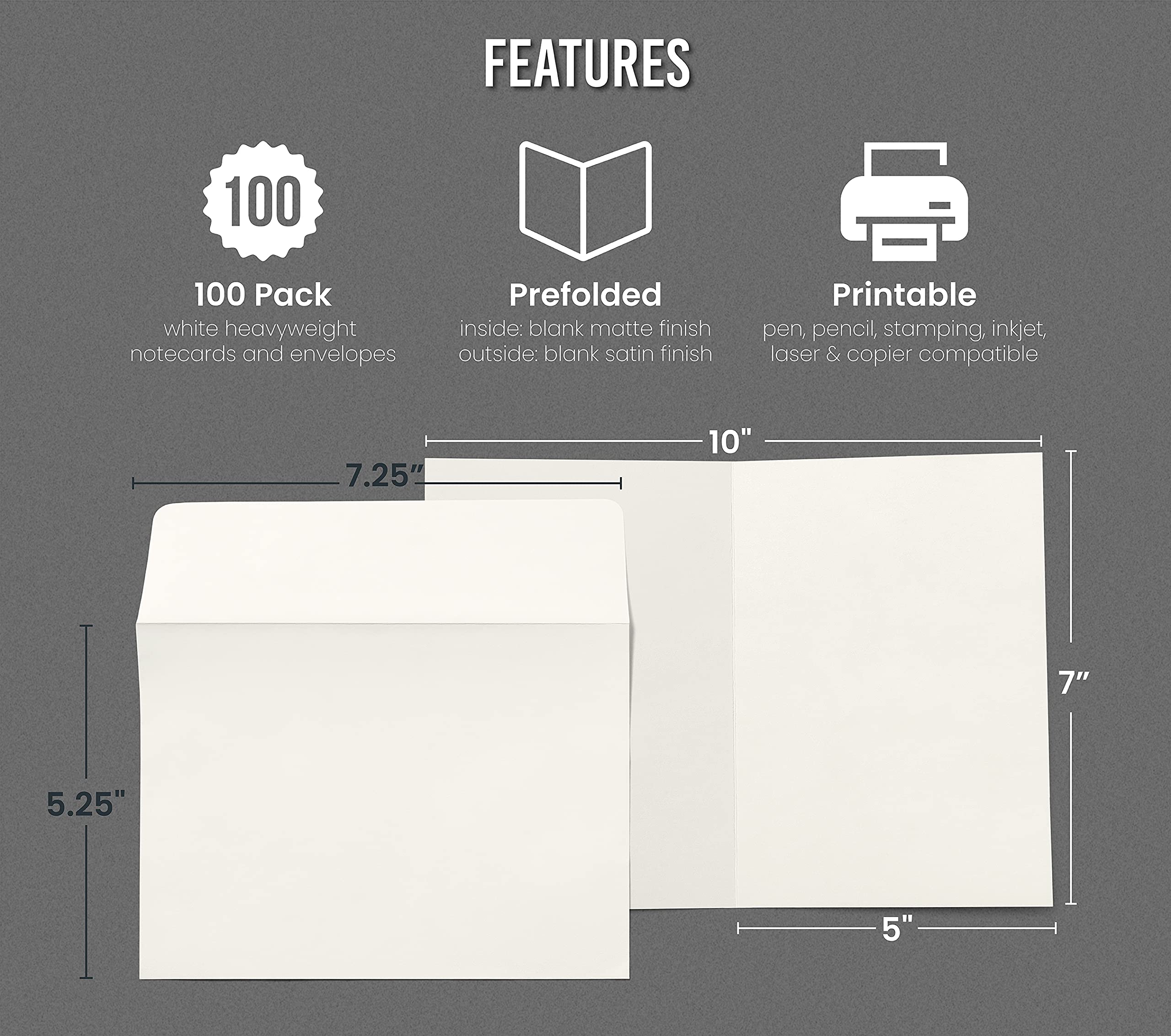 Better Office Products - Juego de 100 tarjetas y sobres en blanco preplegados, tarjetas de invitación, cartulina pesada, sello engomado, 12,7 x 17,8 cm, paquete de 100 tarjetas y 100 sobres